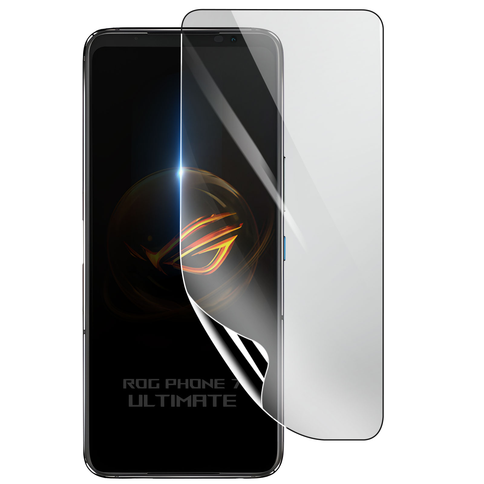 Smartphone con protector de pantalla. Pantalla muestra logo y texto ROG. Protector parcialmente despegado. Fondo blanco.