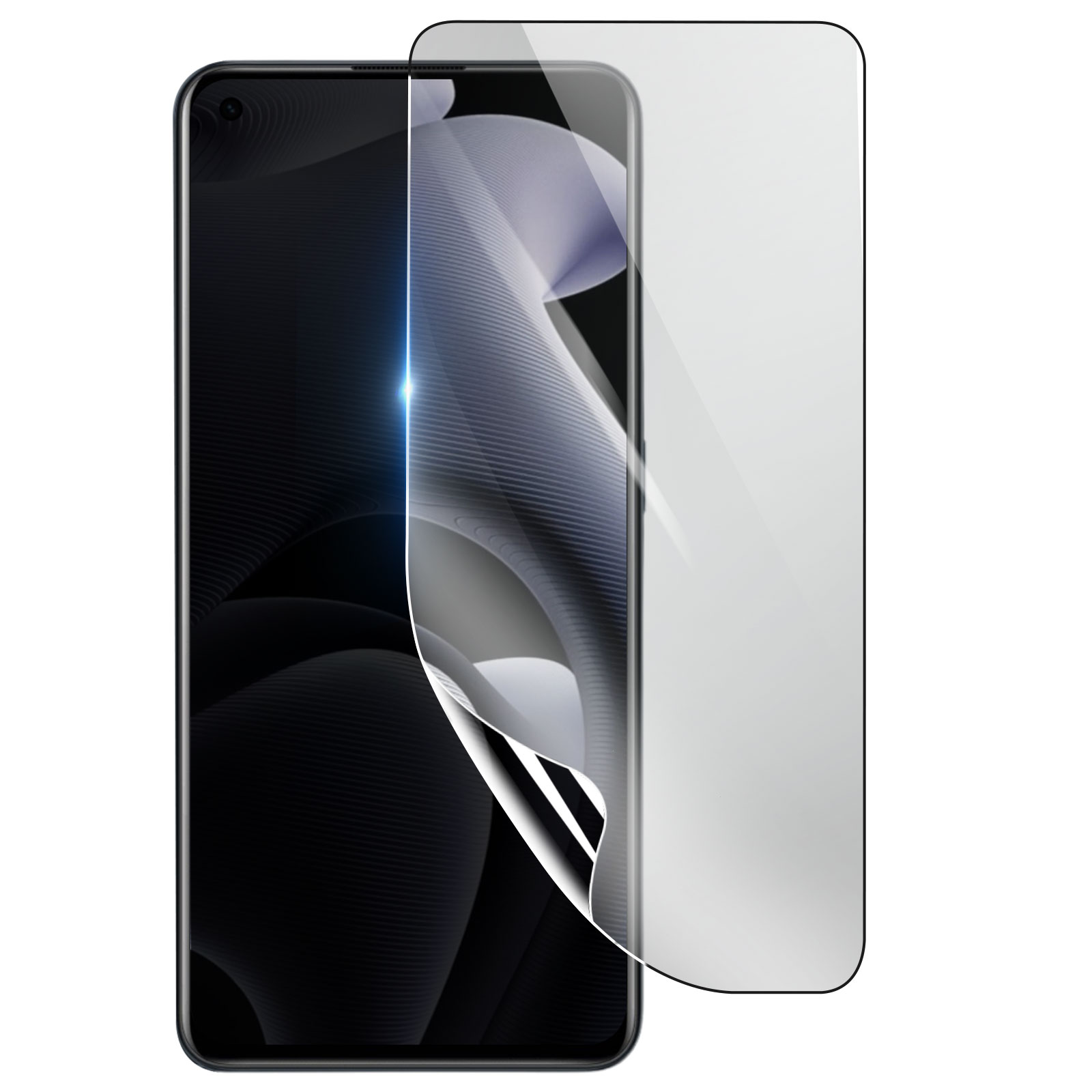 Uno smartphone a cui viene applicata una protezione per lo schermo. Lo schermo mostra un design astratto in bianco e nero. La protezione è trasparente.