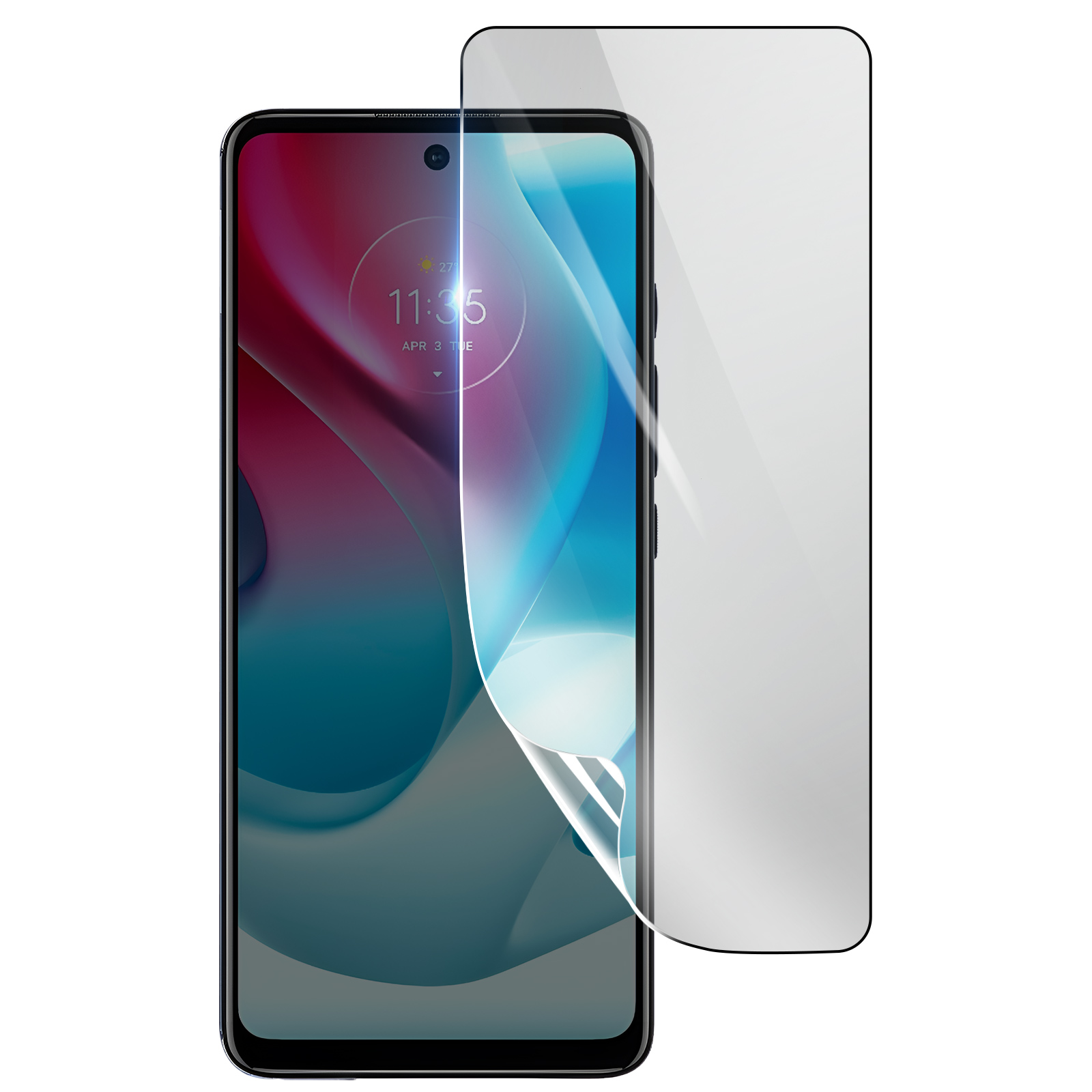 Uno smartphone con protezione schermo applicata. Il telefono mostra ora e data. Una protezione schermo trasparente è di lato.