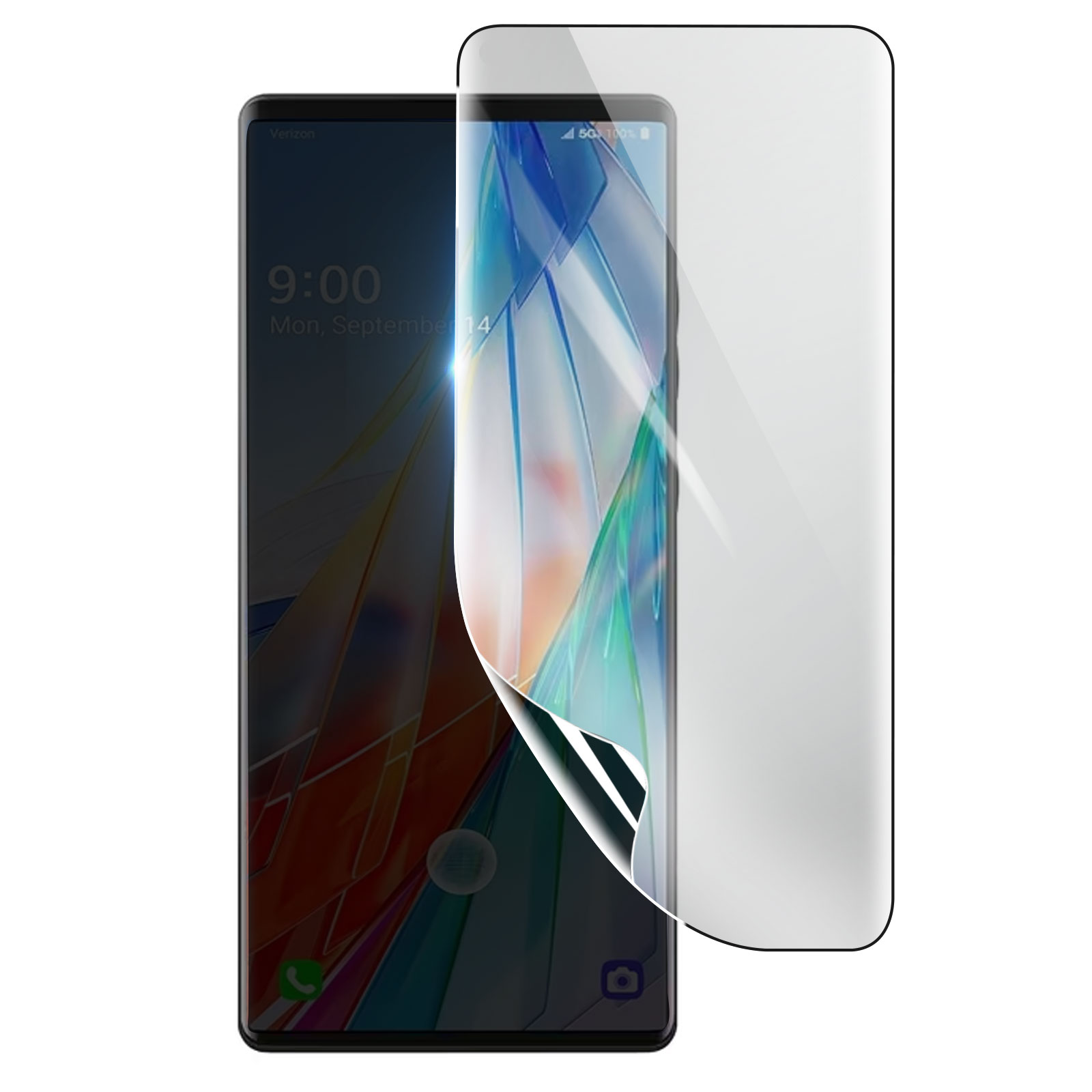 Uno smartphone con una protezione per lo schermo applicata. Il telefono visualizza l'ora e la data. La protezione è parzialmente staccata.