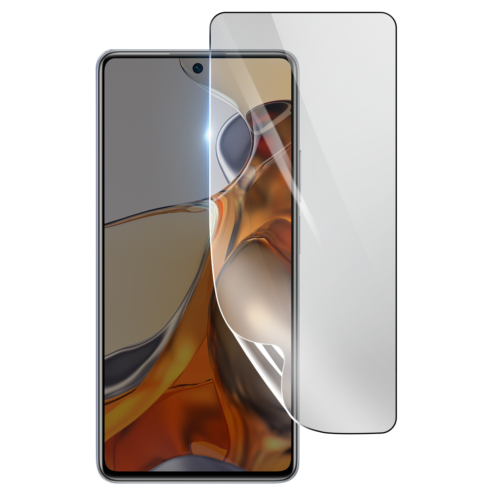 Uno smartphone con una protezione per lo schermo in fase di applicazione. La protezione è parzialmente staccata.
