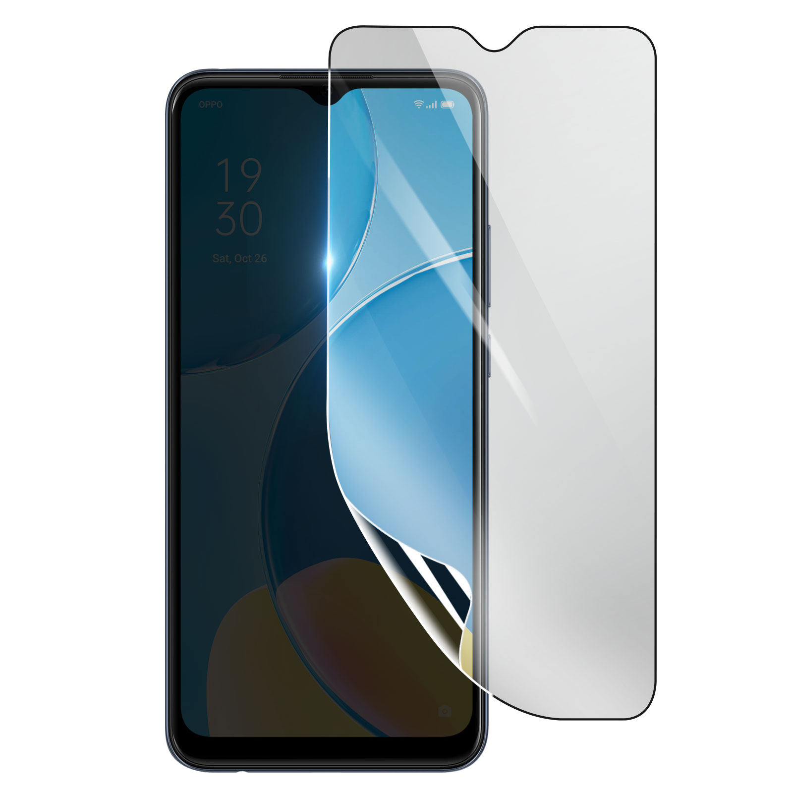 Uno smartphone con una protezione per lo schermo applicata. Il telefono visualizza l'ora e la data. Una protezione per lo schermo trasparente è parzialmente staccata.