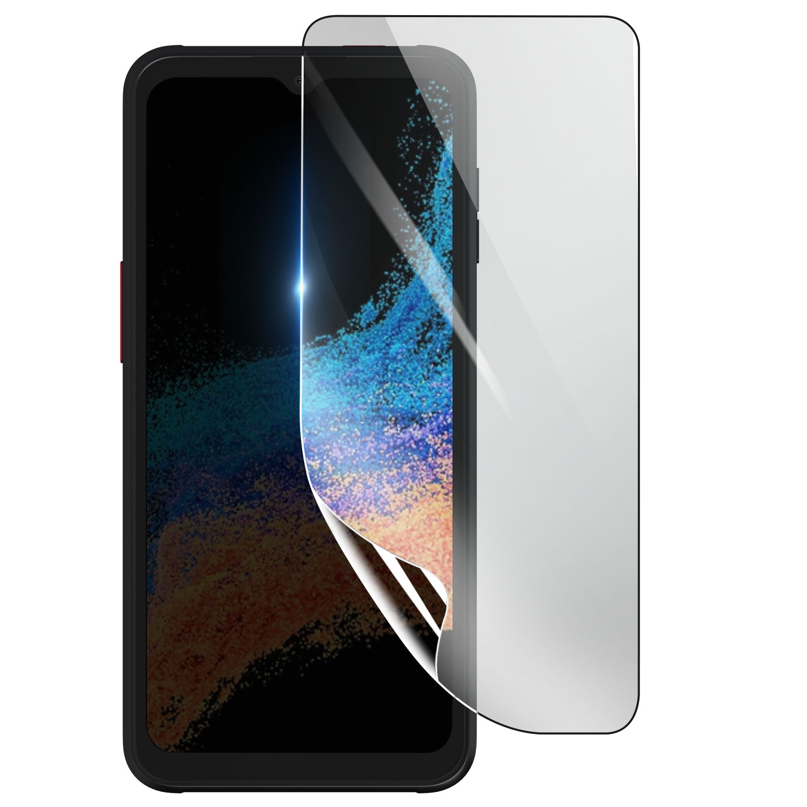 Uno smartphone con una protezione per lo schermo. La protezione viene rimossa, rivelando uno sfondo colorato. Il telefono è nero.