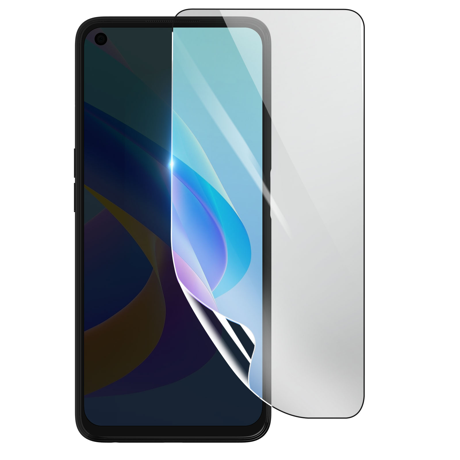 Uno smartphone con una protezione per lo schermo in fase di applicazione. Il telefono è nero, e la protezione è trasparente.
