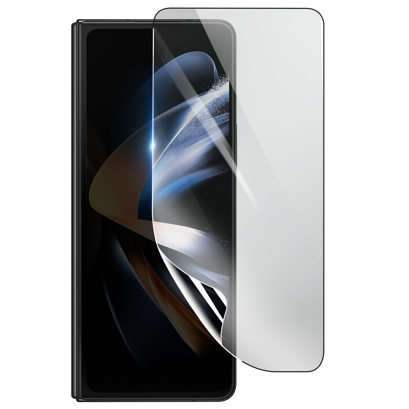 Uno smartphone nero con una protezione per lo schermo applicata. La protezione è trasparente e copre parzialmente lo schermo.