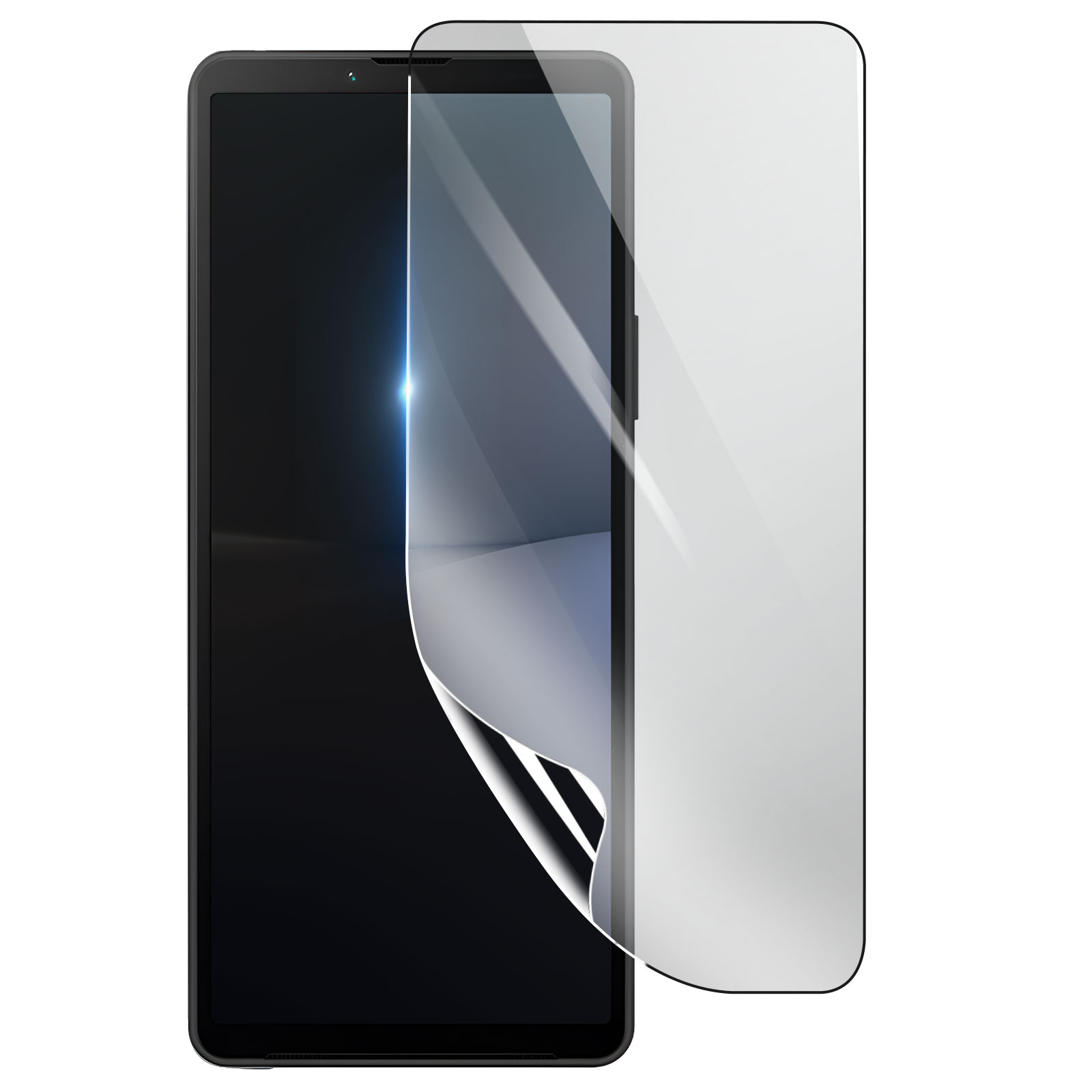 Uno smartphone nero con una protezione per lo schermo applicata. La protezione è parzialmente staccata.