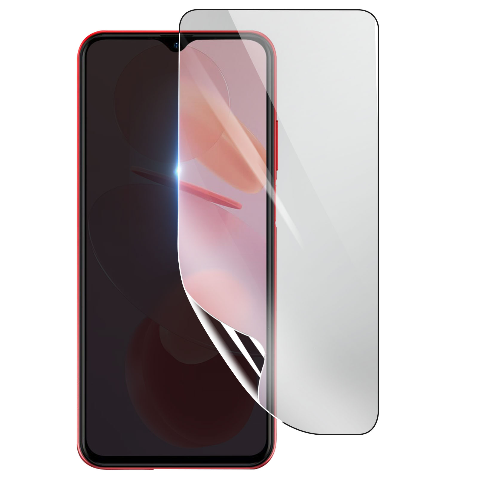 Uno smartphone rosso con una protezione schermo in fase di applicazione. La protezione è parzialmente staccata.