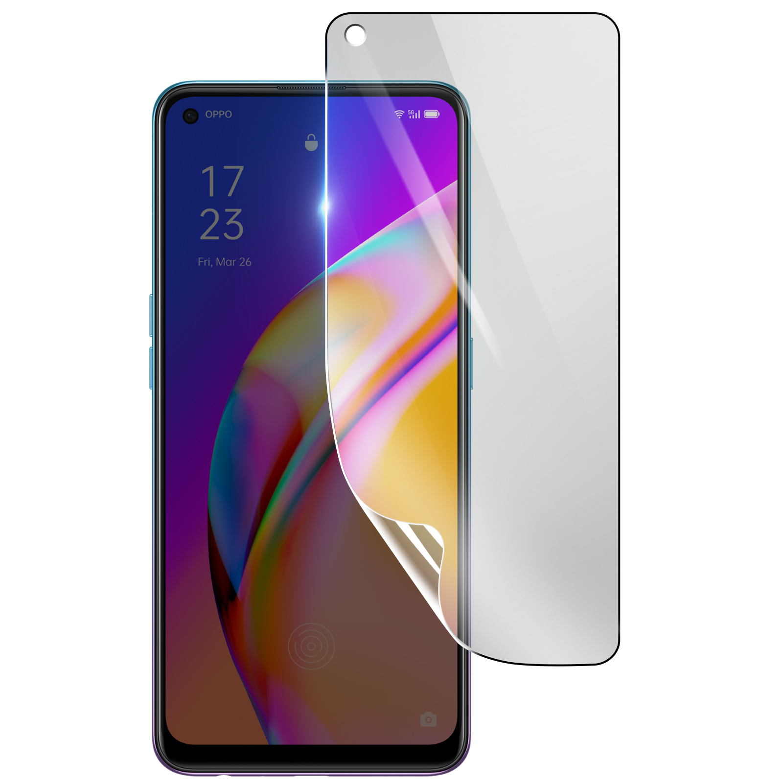 Smartphone con protezione schermo in applicazione. Il telefono mostra ora e data. La protezione è parzialmente staccata.