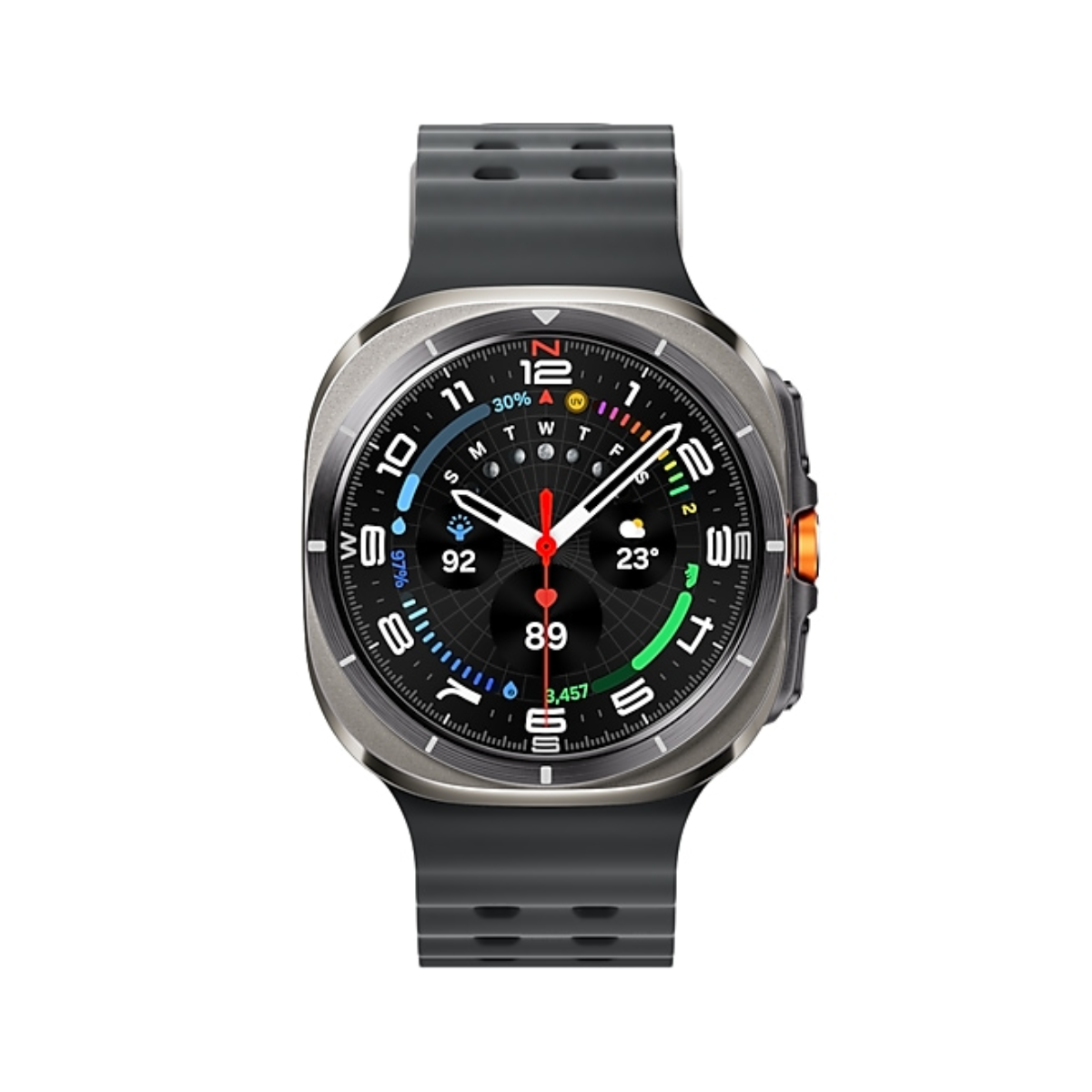 Een smartwatch met een grijze band en een zilverkleurige wijzerplaat. De wijzerplaat toont tijd, gezondheidsstatistieken en weerinformatie.