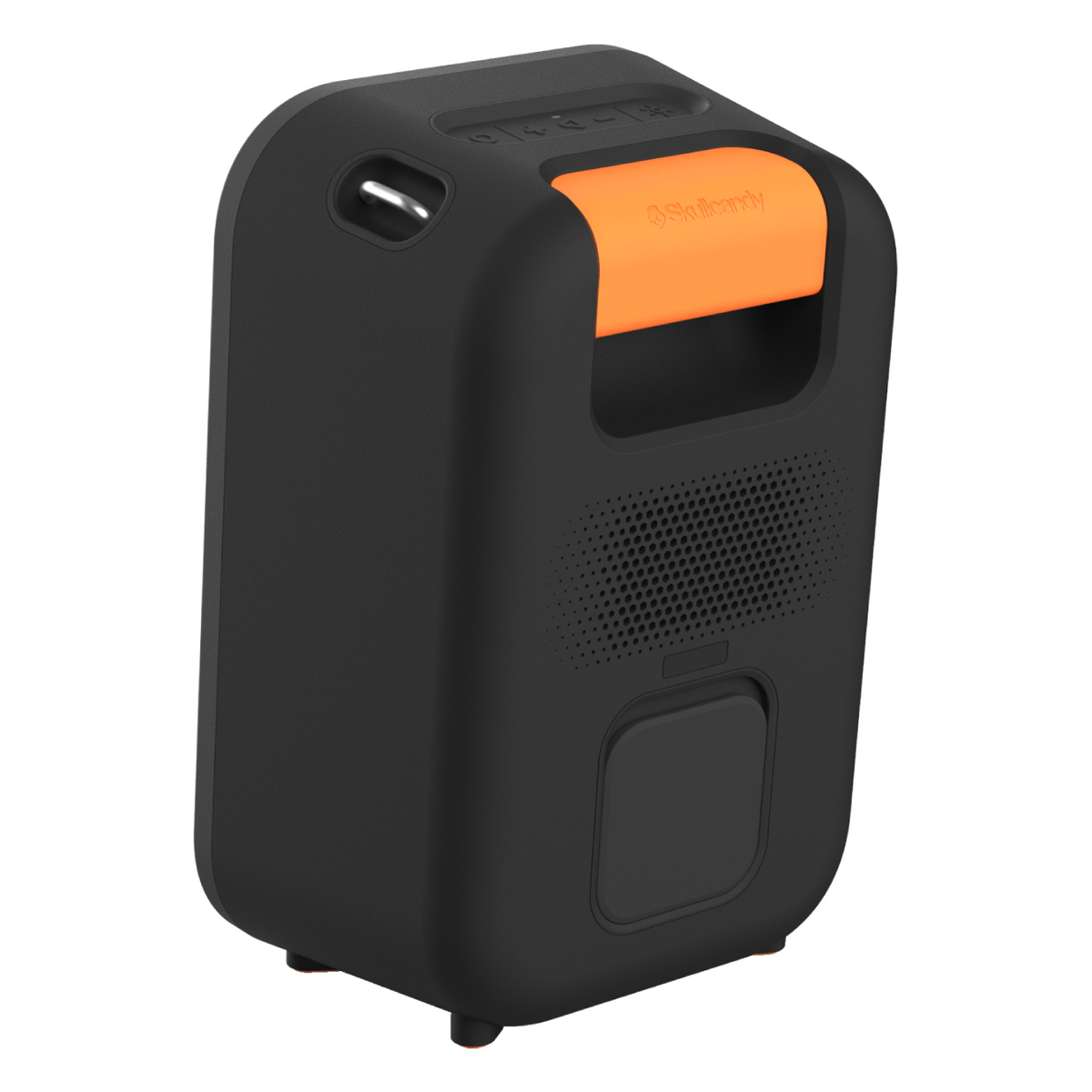 Schwarzer Skullcandy-Lautsprecher mit orangefarbenem Griff. Er hat ein Lautsprechergitter, Bedientasten und eine kleine Tür unten.