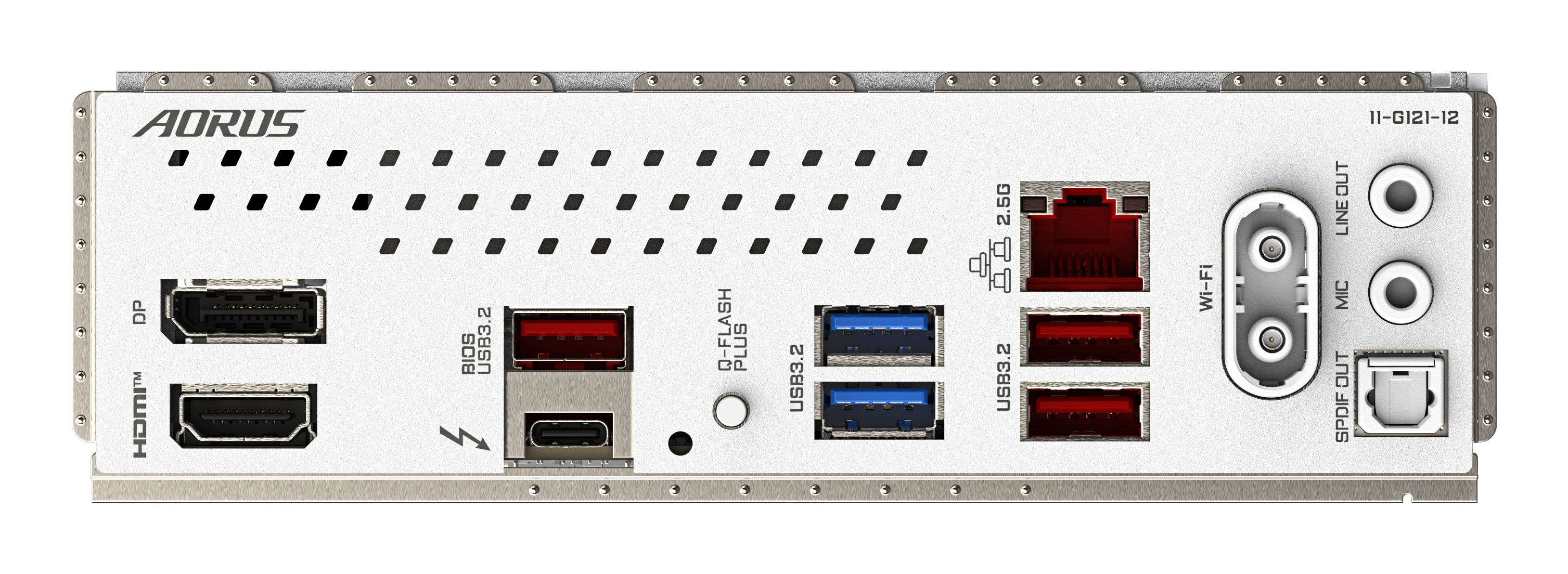 Panneau arrière de carte mère d'ordinateur avec ports : HDMI, DP, USB, audio et réseau. Design argenté et noir.