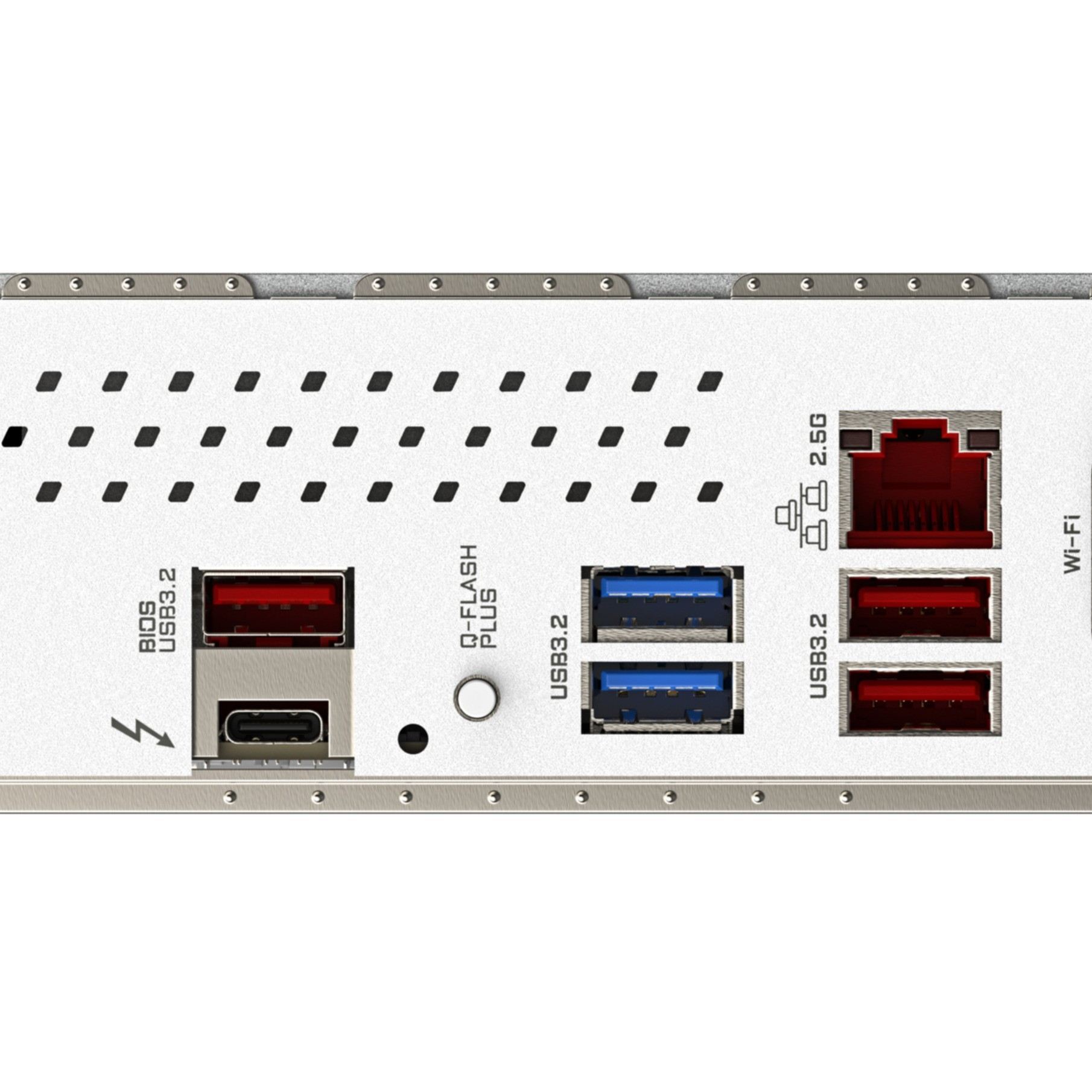 Gros plan sur un panneau de carte mère d'ordinateur. Comprend des ports USB, un port LAN et d'autres connecteurs. Couleurs métalliques et blanches.