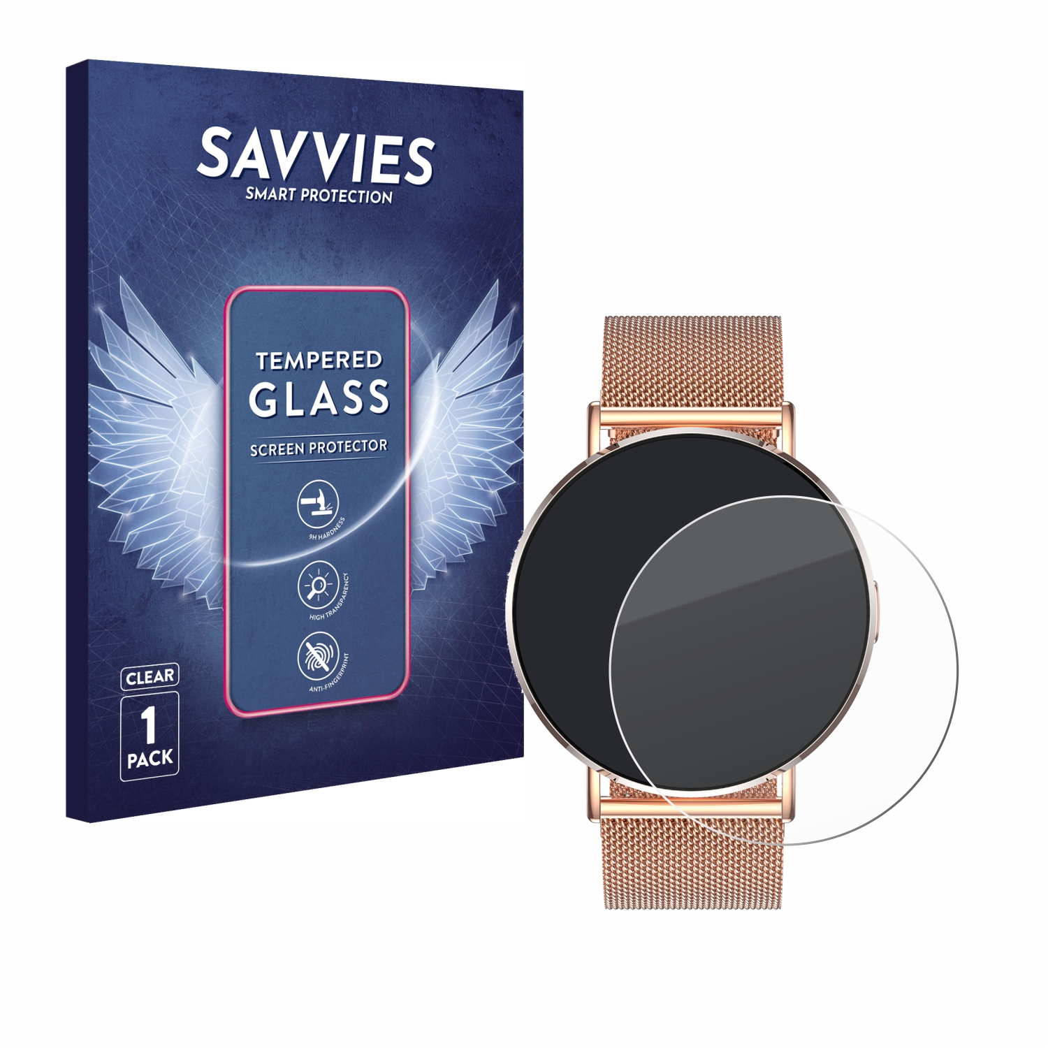 Eine Bildschirmschutzbox neben einer Smartwatch. Auf der Box steht 'Tempered Glass'. Die Uhr hat einen klaren Displayschutz.