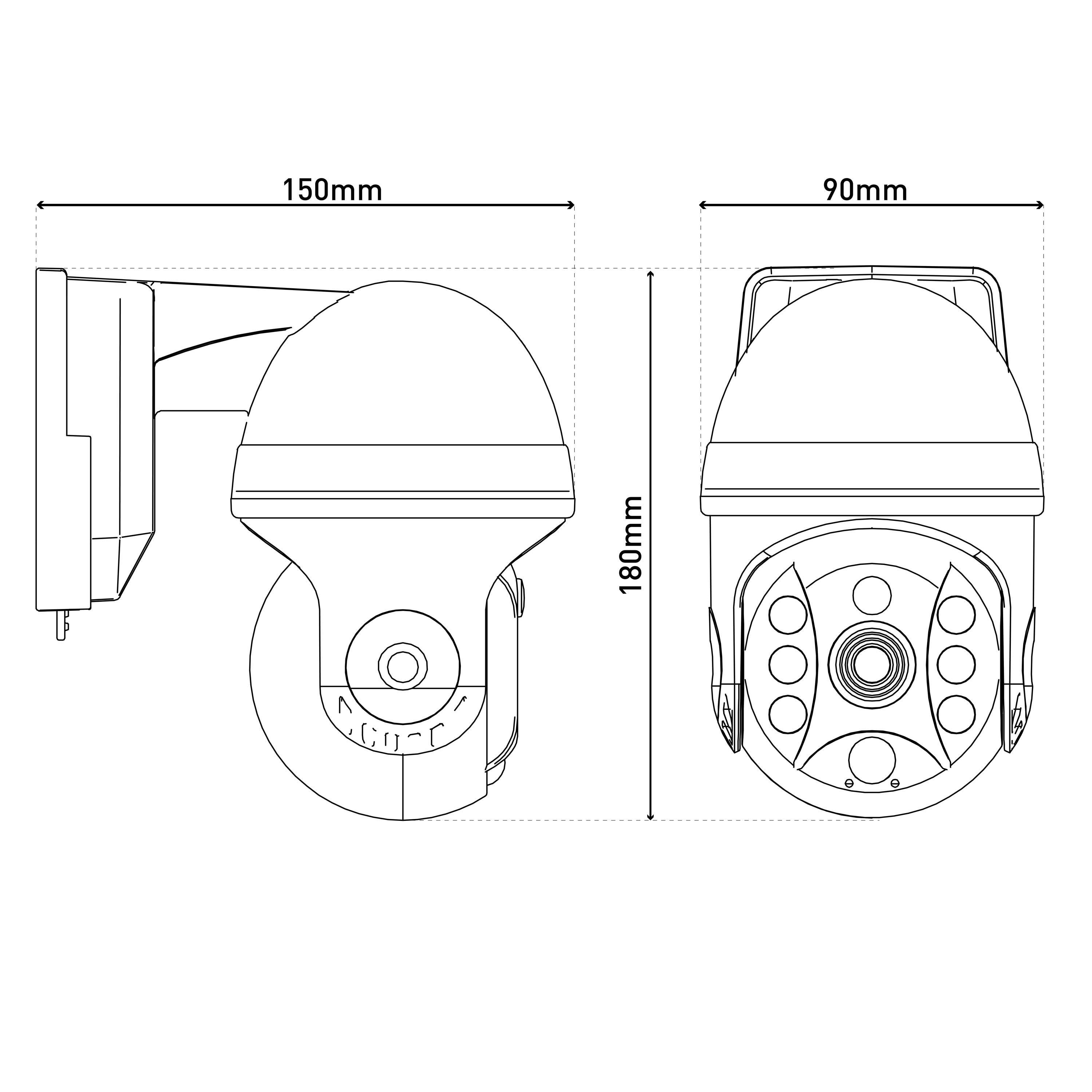 Schwarz-Weiß-Strichzeichnung einer Überwachungskamera. Maße: 150 mm breit, 90 mm tief und 180 mm hoch.