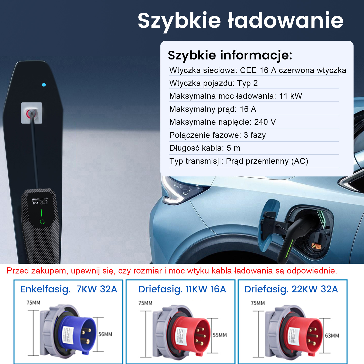 Samochód elektryczny ładuje się kablem podłączonym do stacji ładowania. Wyświetlane są informacje o ładowarce i typach złączy.