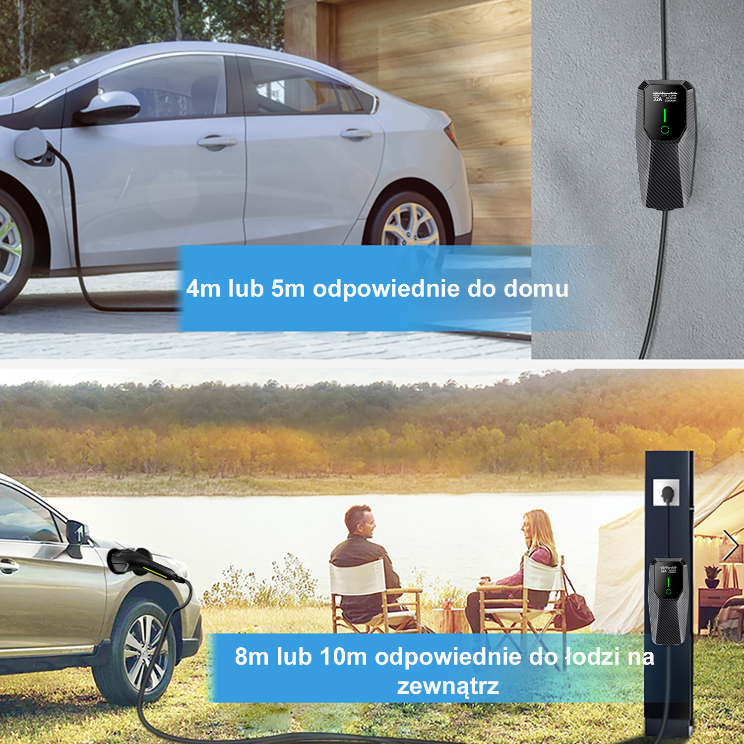 Dwa samochody w trakcie ładowania. Jeden wewnątrz, drugi na zewnątrz. Ludzie siedzą na krzesłach w pobliżu ładowarki zewnętrznej.