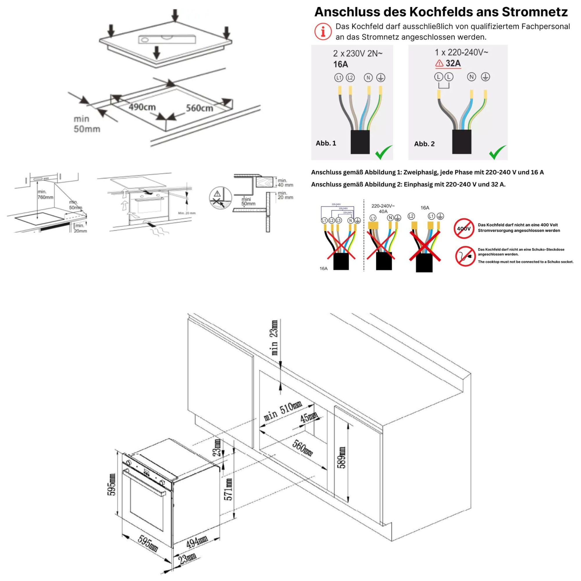 Diagramm eines Kochfelds mit elektrischen Anschlüssen und Abmessungen. Enthält Schaltpläne und Sicherheitshinweise.