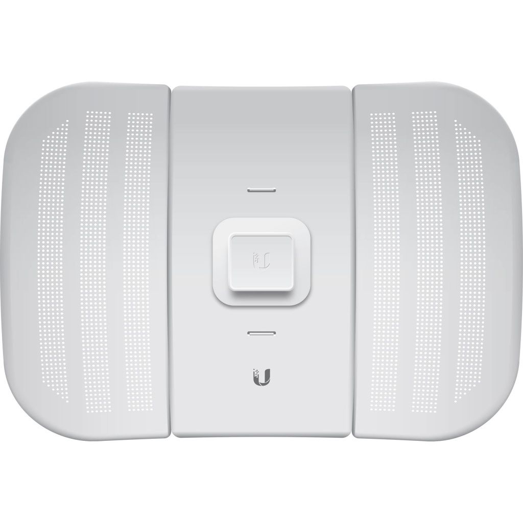 Białe prostokątne urządzenie z zaokrąglonymi krawędziami. Ma centralny kwadratowy przycisk i kropkowane wzory po bokach. Widoczne logo.