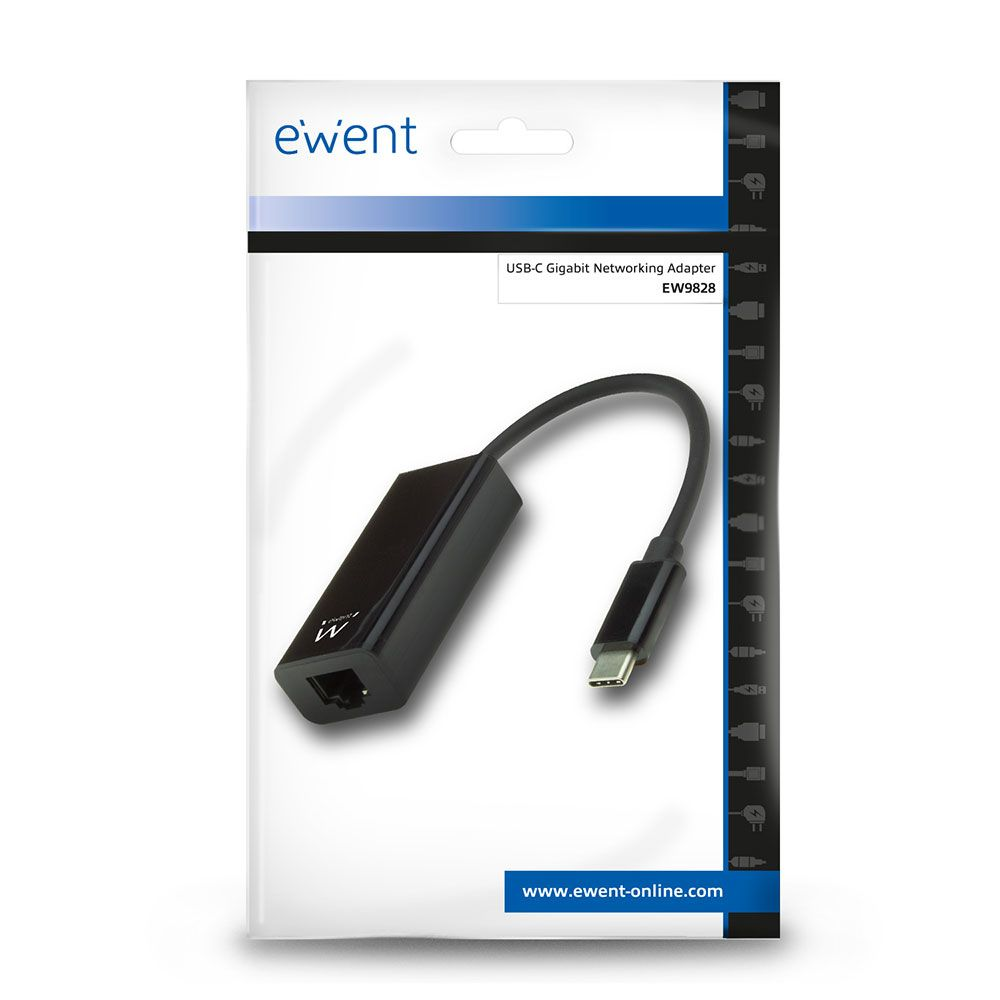 A black USB-C Gigabit networking adapter in its packaging. The package is white with the ewent logo, and the product's name is displayed.