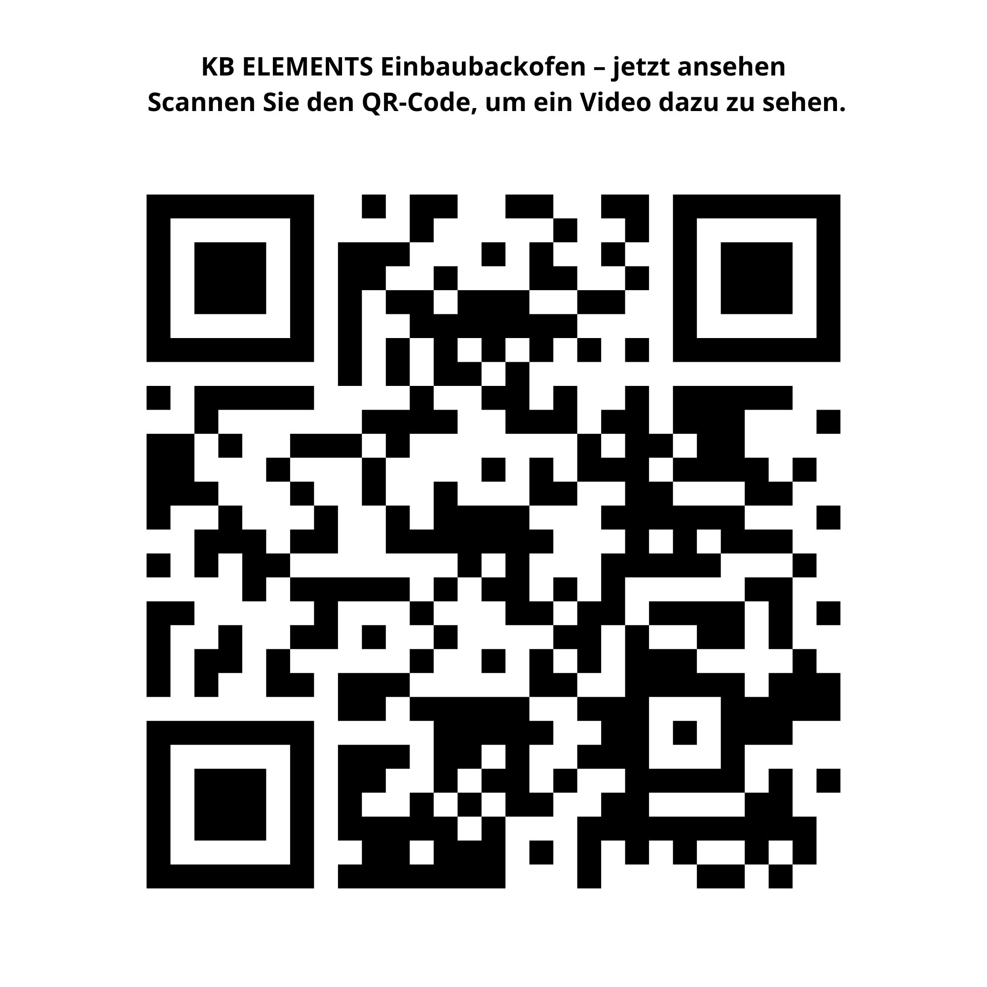 Ein QR-Code auf weißem Grund. Text oben: KB ELEMENTS Einbaubackofen und Scannen Sie den QR-Code.