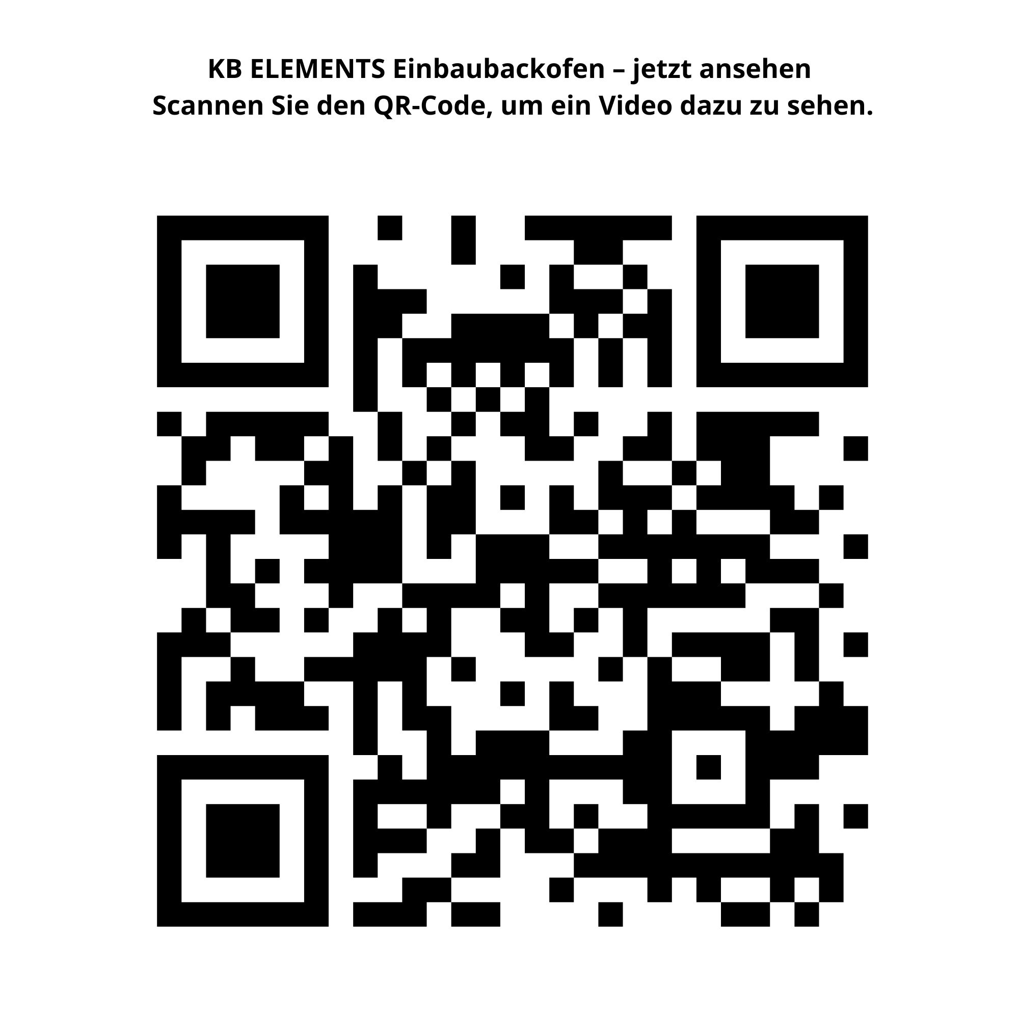 Ein QR-Code mit Text: KB ELEMENTS Einbaubackofen - jetzt ansehen. Scannen Sie den Code, um ein Video zu sehen.