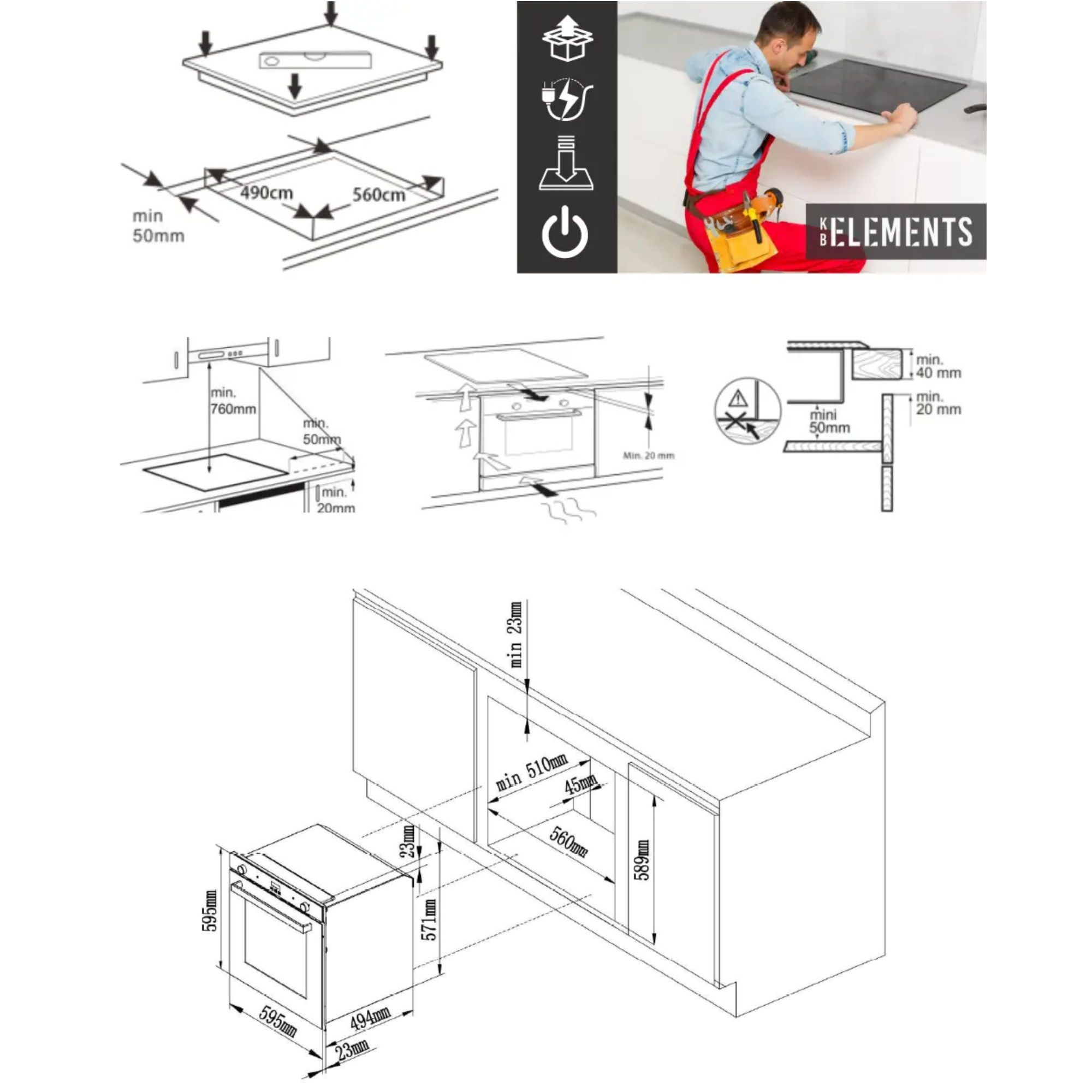 Diagramme mit Installationsmaßen für Kochfeld und Backofen. Eine Person installiert das Kochfeld. Maße in cm und mm.