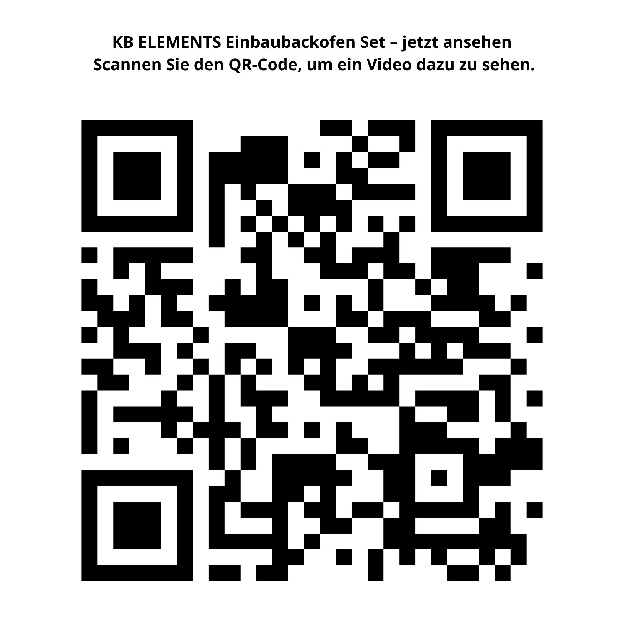 Ein schwarz-weißer QR-Code mit Text darüber, der Benutzer einlädt, den Code zu scannen, um ein Video über ein Einbauofen-Set zu sehen.
