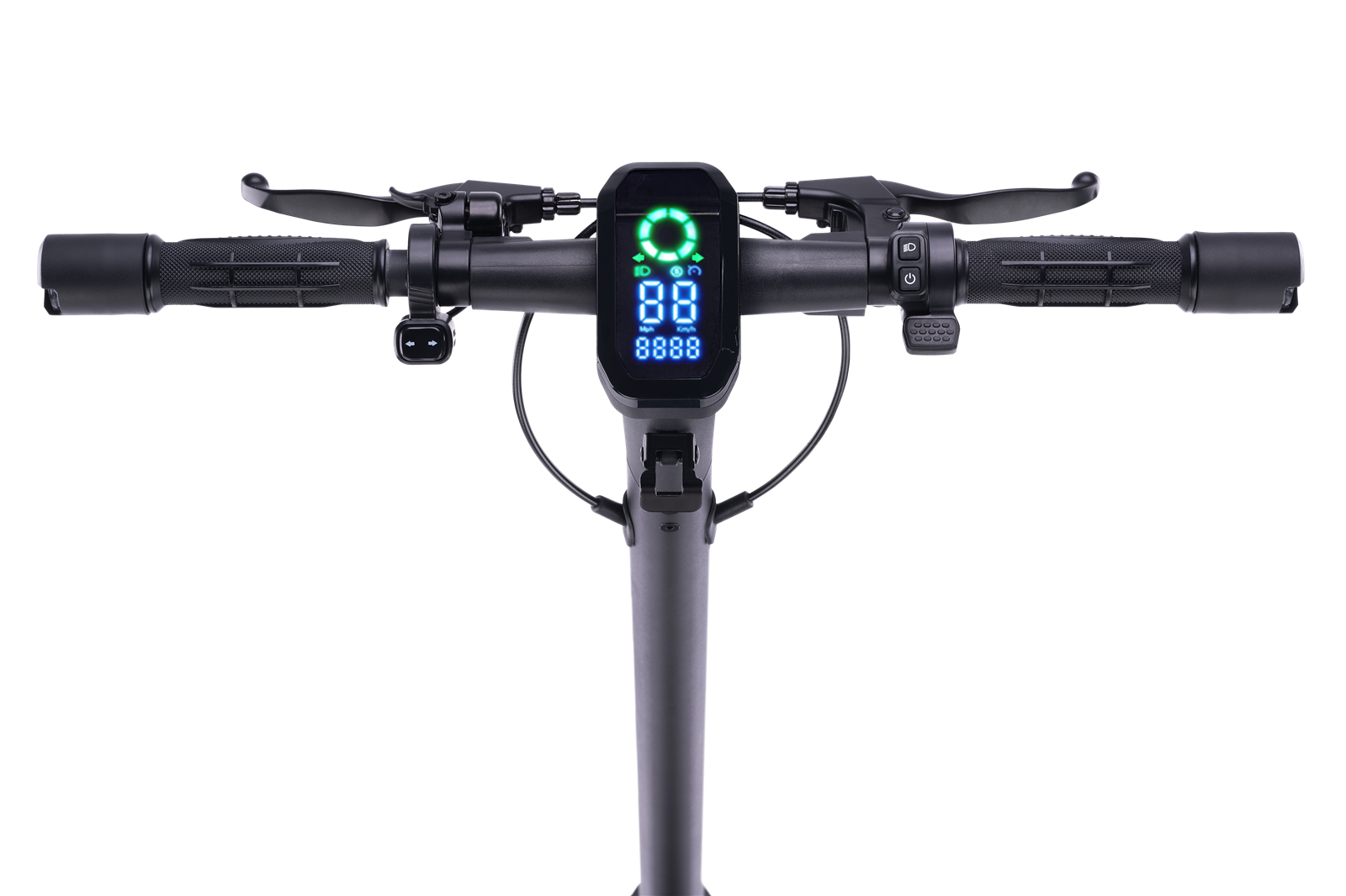 Nahaufnahme eines E-Scooter-Lenkers. Er zeigt eine Digitalanzeige mit Geschwindigkeit, Lichtern und Bremshebeln sowie Griffen.