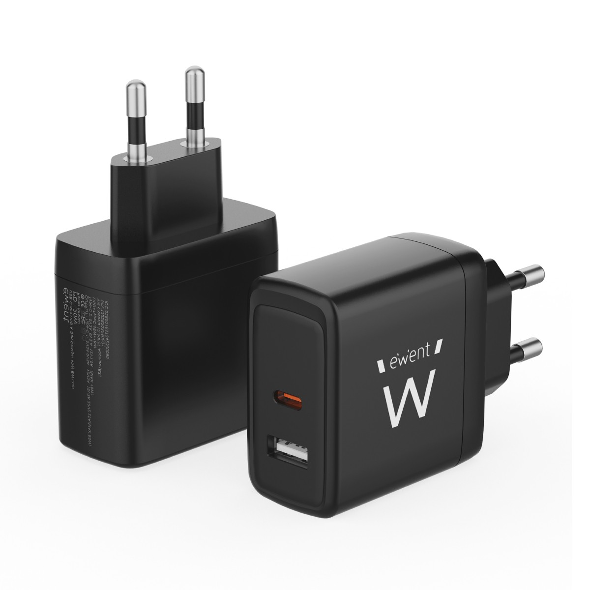 Due caricabatterie ewent neri con spine argentate. Uno mostra una porta USB e il logo 'W'.