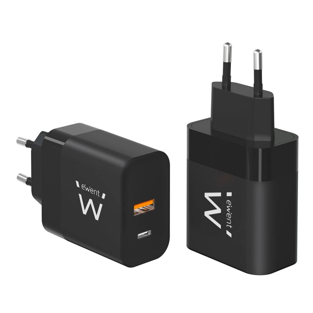 Due caricabatterie ewent neri, uno angolato, che mostra la porta USB. Sfondo bianco. Il caricabatterie ha la lettera 'W'.