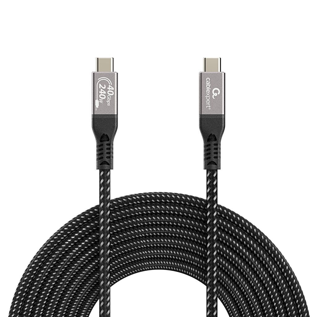 Dwa kable USB-C. Jeden ma etykietę 40 Gbps i 240W. Oba mają czarno-białe plecione kable i szare złącza.