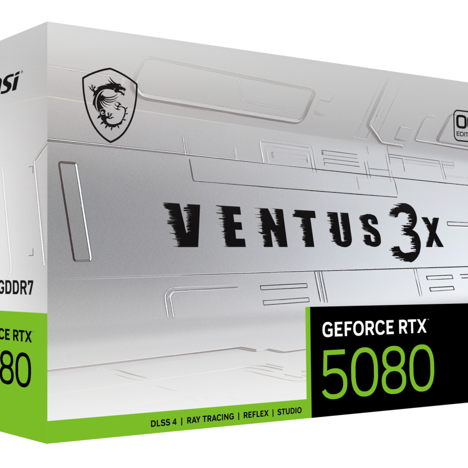 Pudełko na komponenty komputerowe. Srebrny i czarny design z tekstem VENTUS 3X i GEFORCE RTX 5080.