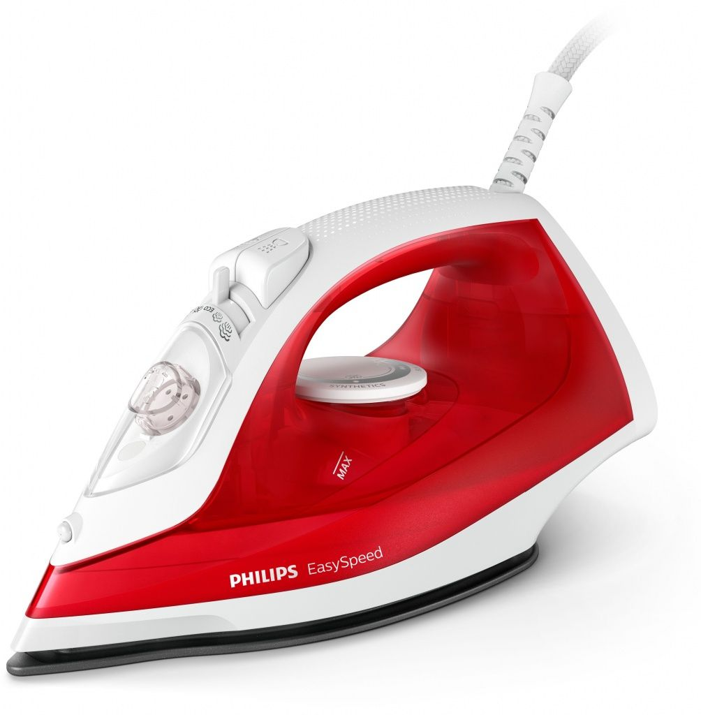 Una plancha Philips EasySpeed roja y blanca. Tiene un depósito de agua transparente y un asa blanca. El cable es blanco y gris.