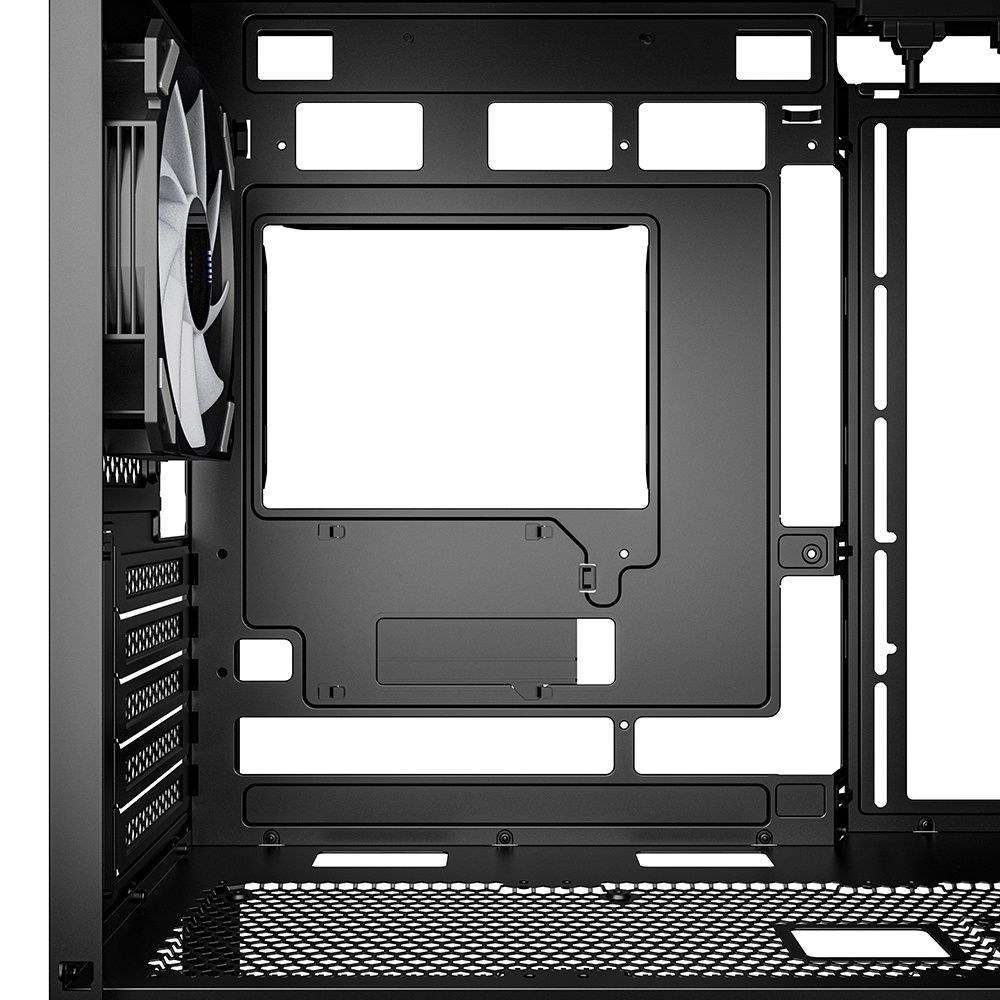 All'interno di un case per computer, che mostra una cornice nera con varie aperture, una ventola e un fondo a rete.