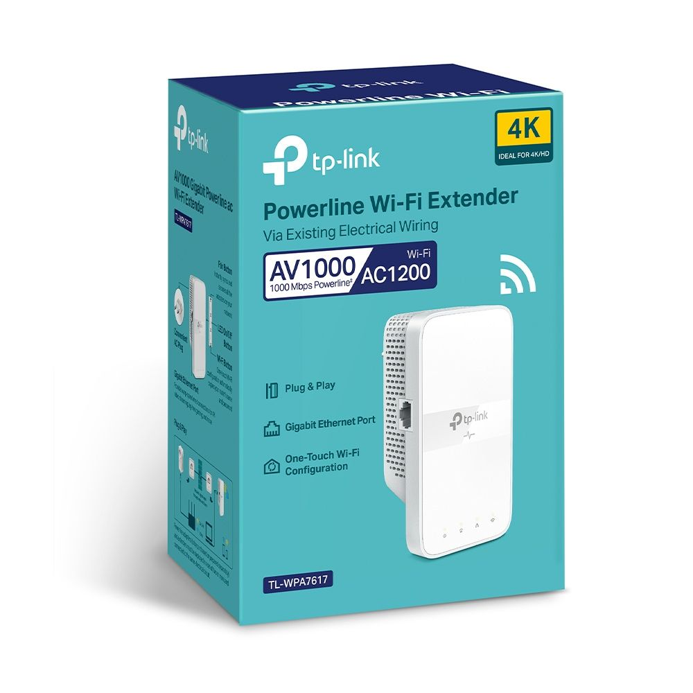 Pudełko TP-Link Powerline Wi-Fi Extender. Jest biało-turkusowe z danymi produktu i samym urządzeniem. Pudełko pokazuje 4K idealne dla HD.