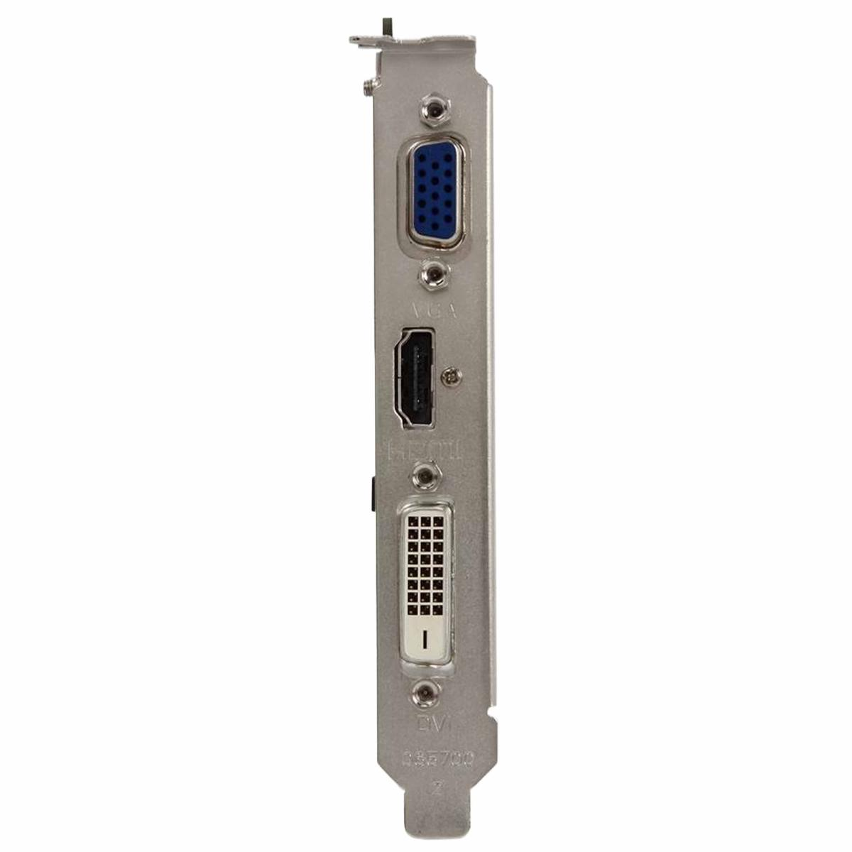 Una scheda grafica per computer con porte VGA, HDMI e DVI. Ha un involucro in metallo argentato e vari connettori.
