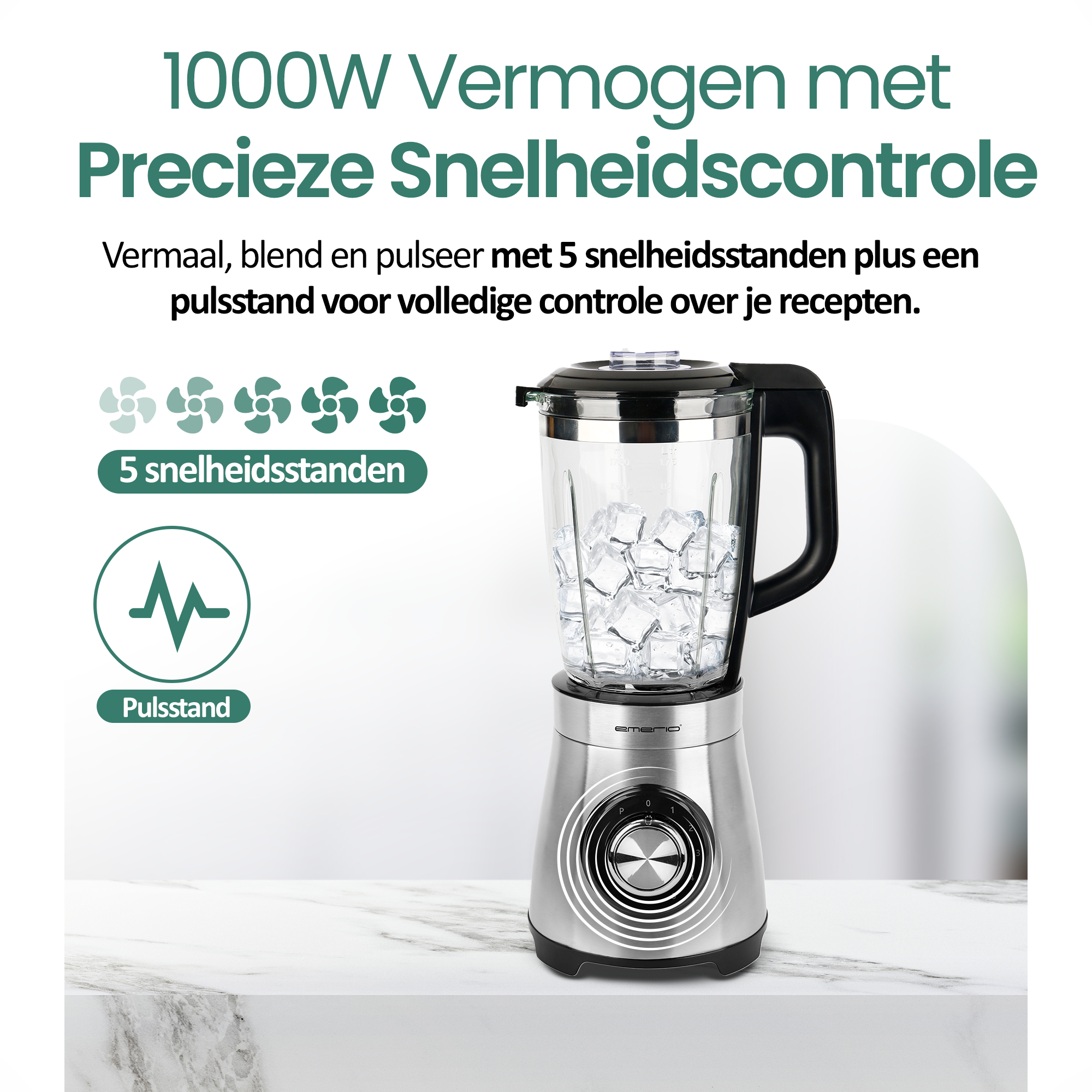 A silver blender with ice inside, text above says '1000W Power' and 'precise speed control'. Icons are also shown.