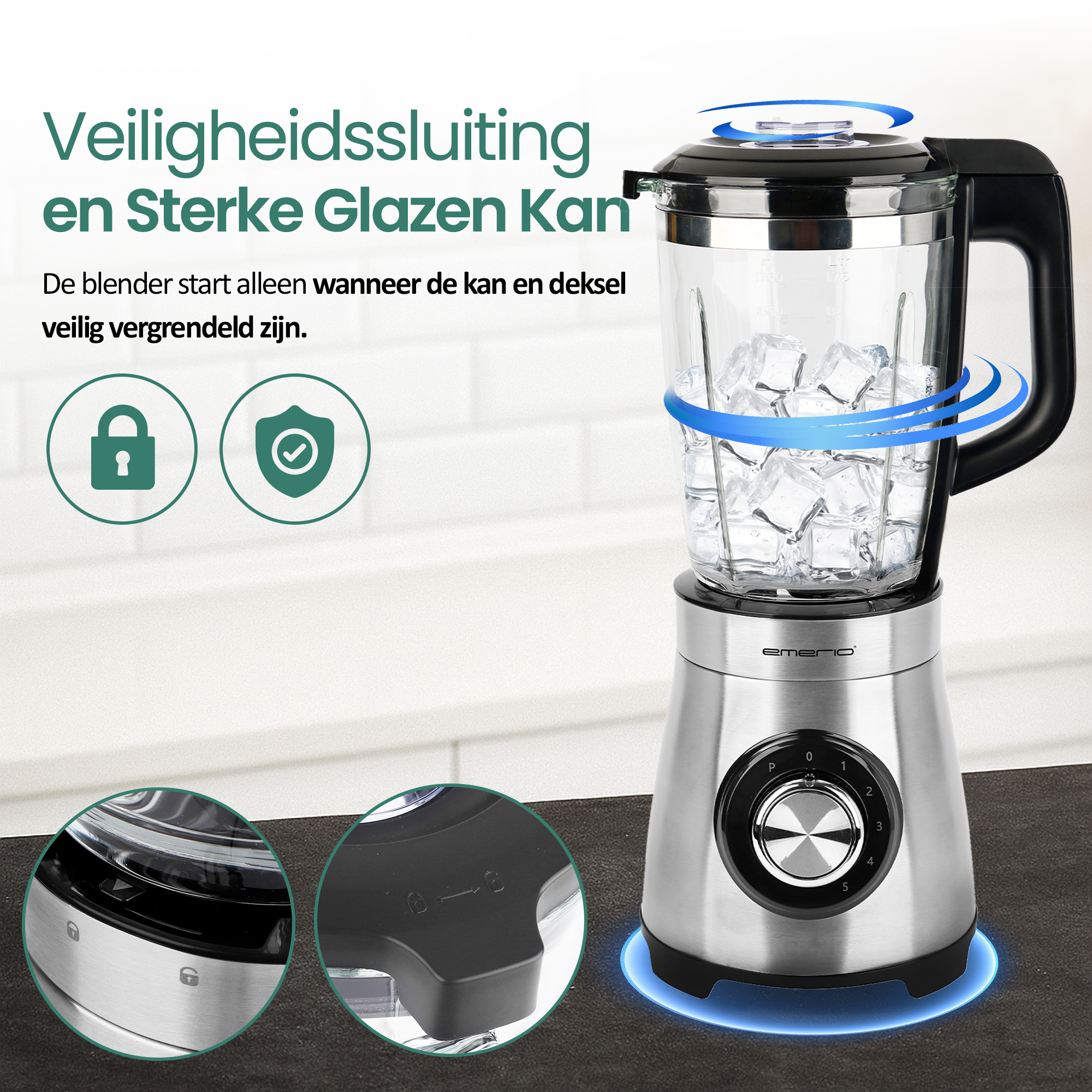 A silver blender with ice cubes inside. It has a black handle and control dial. Blue light under the base.