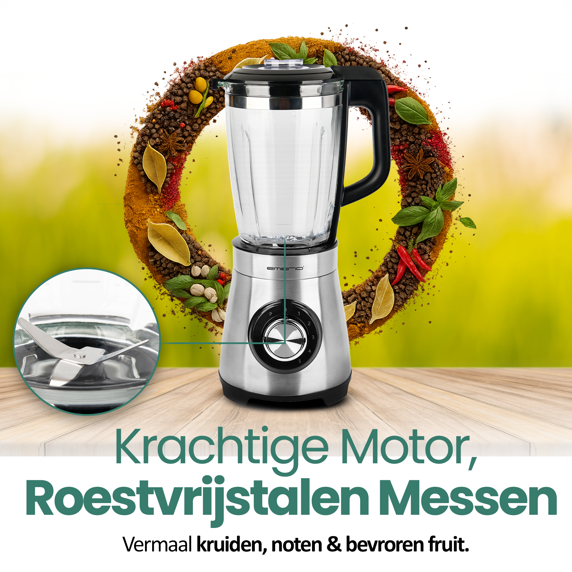 A silver blender with a glass jar is surrounded by spices. The text reads: Powerful Motor, Stainless Steel Knives.