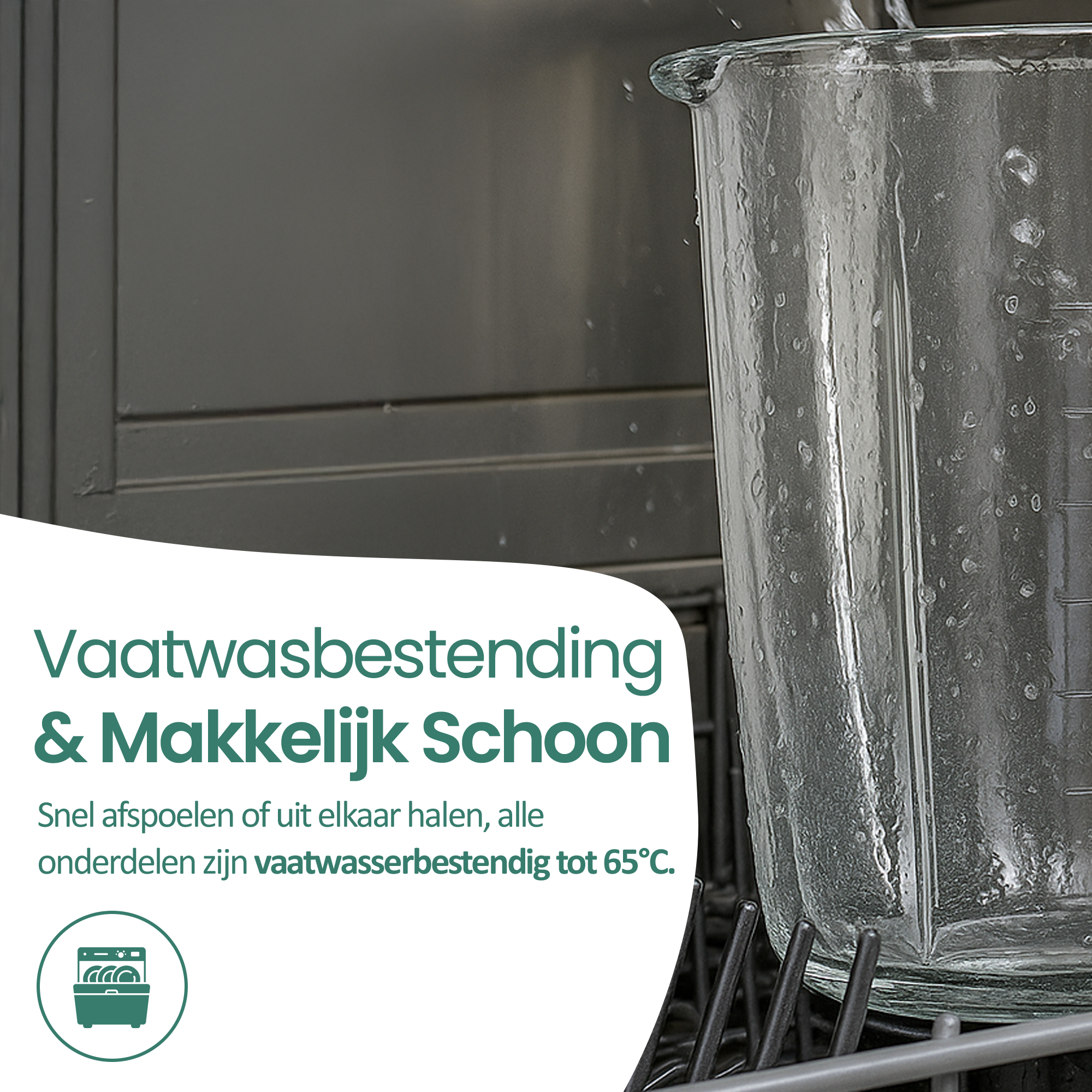 A clear glass measuring cup is in a dishwasher. Text on the left says 'Dishwasher safe & easy to clean'.
