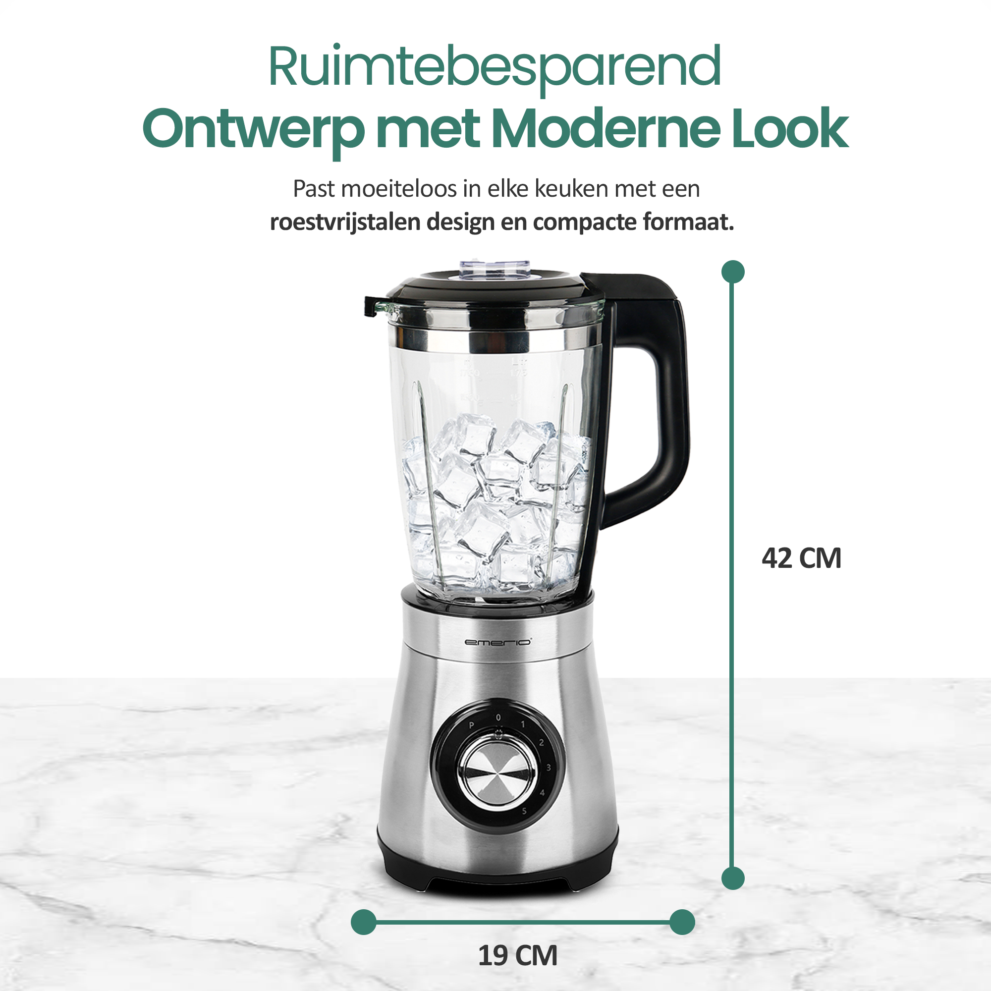 A stainless steel blender with ice cubes inside. It has a black handle and a dial from 0 to 5. Dimensions 19x42 cm.