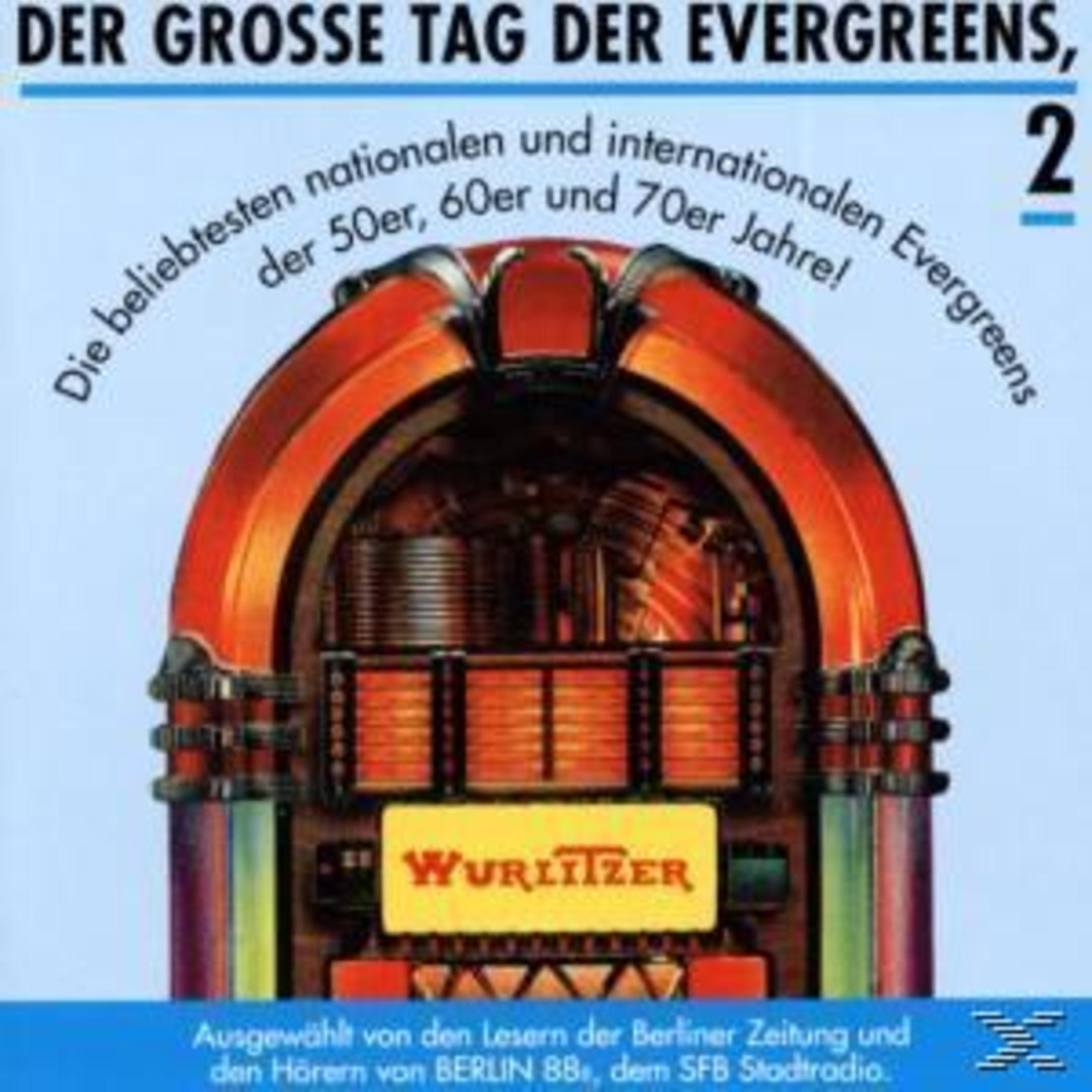 Poster für 'Der Grosse Tag der Evergreens'. Es zeigt eine Jukebox, Text und die Zahl 2. Das Design ist farbenfroh und retro.
