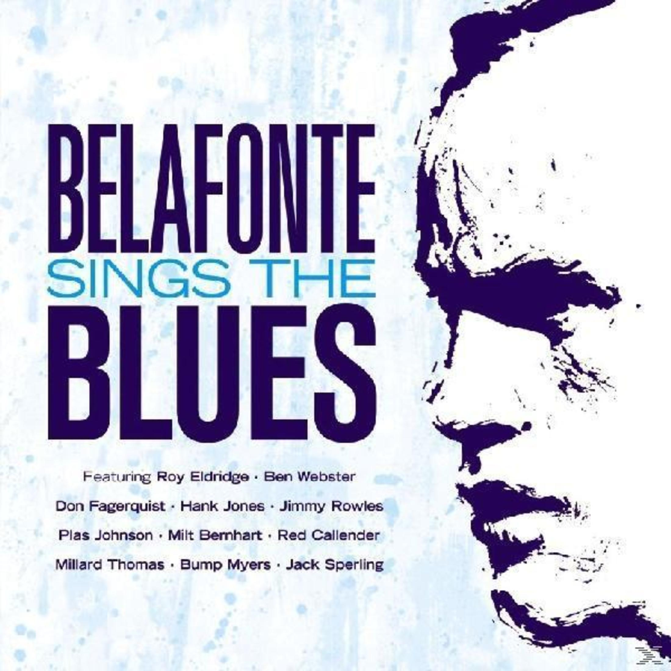 Albumcover. Titel: Belafonte singt den Blues. Zeigt ein Männerprofil und eine Liste von Musikern vor weißem Hintergrund.