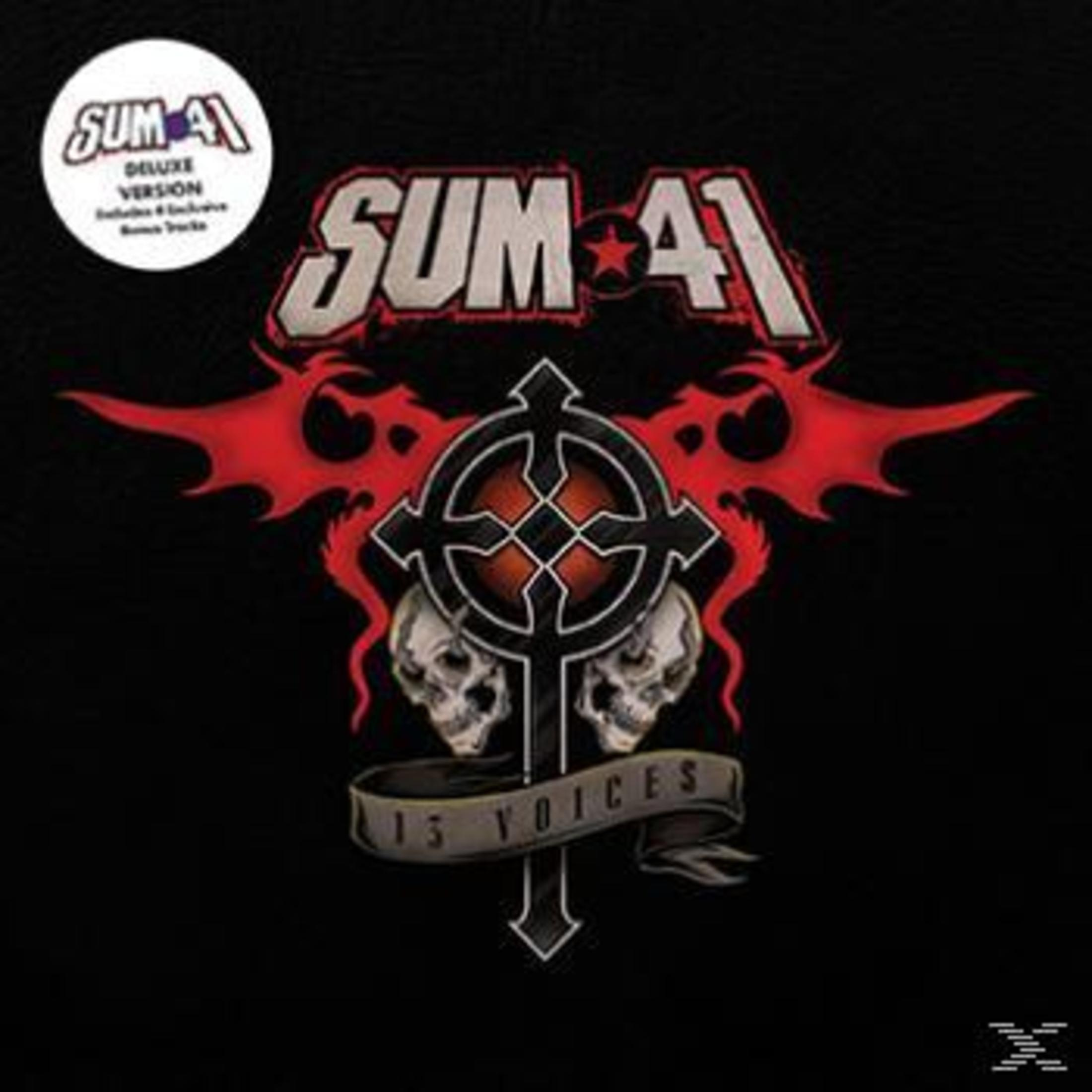 Albumhoes van Sum 41, zwarte achtergrond met bandnaam, rode ster, kruis, schedels en banner met '13 voices'.
