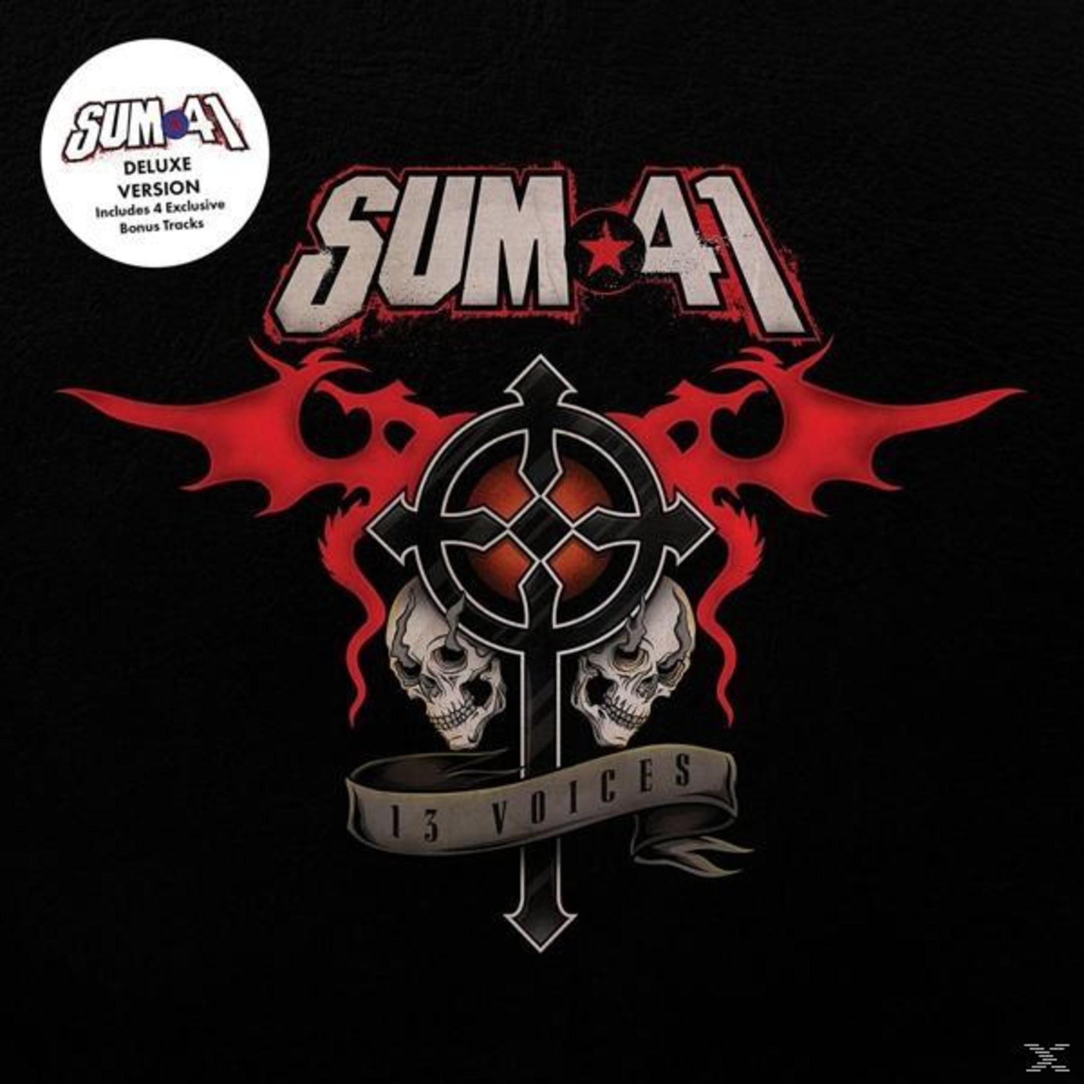Albumhoes voor Sum 41's '13 Voices'. Zwarte achtergrond, bandlogo en een gotisch kruisontwerp met schedels en rode accenten.