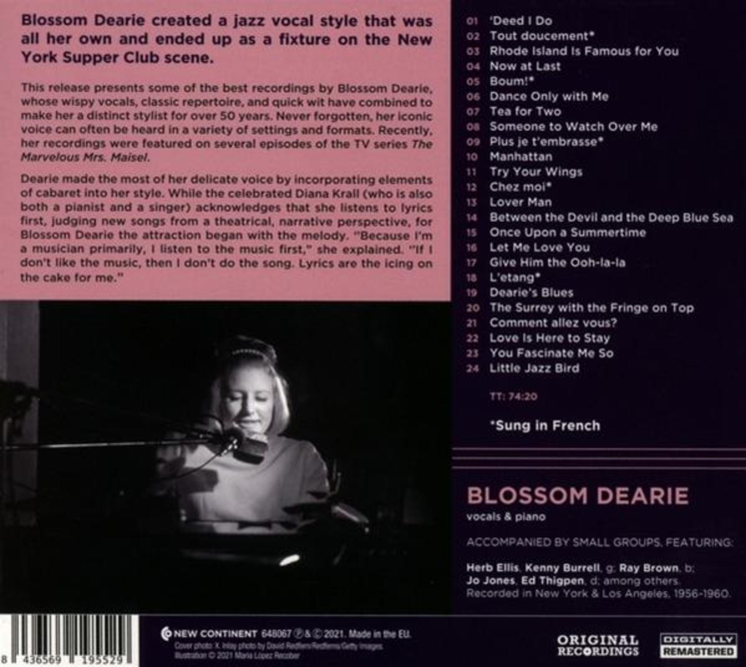 Albumcover von Blossom Dearie. Dearie singt am Klavier. Der Text listet Songtitel und Albumdetails auf.