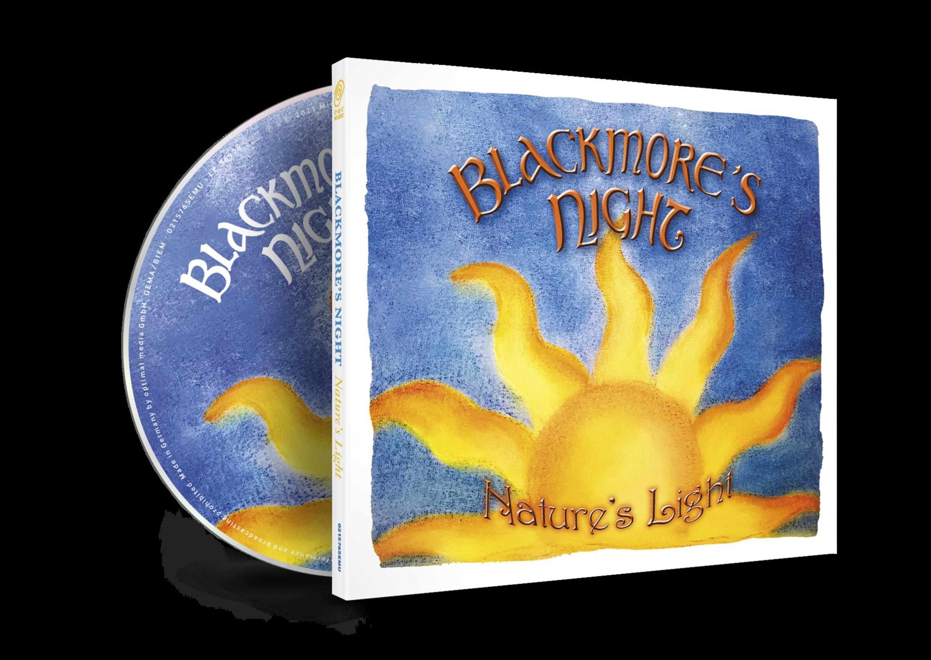 CD und Albumcover mit dem Titel Blackmore's Night, Nature's Light, mit einem Sonnendesign auf blauem Grund.