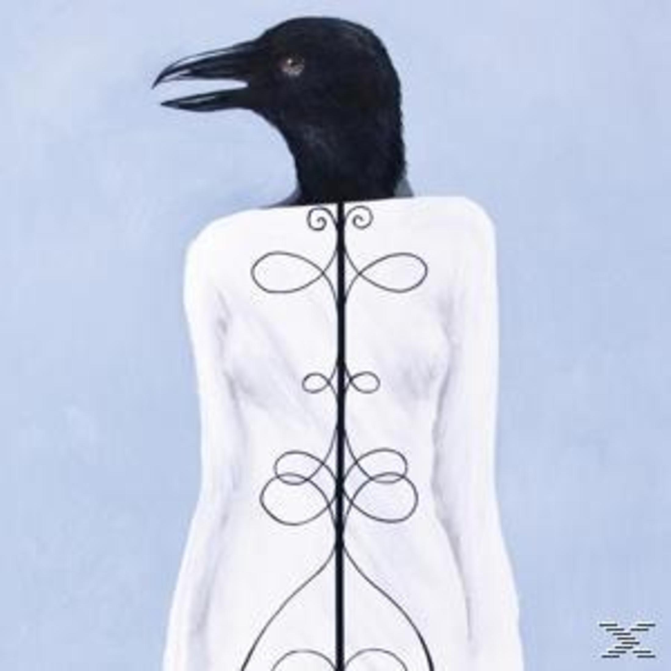 Ein surreales Bild eines Vogelkopfes auf einem weißen Kleid mit einem kunstvollen schwarzen Schmiedeeisen-Design vor hellblauem Hintergrund.