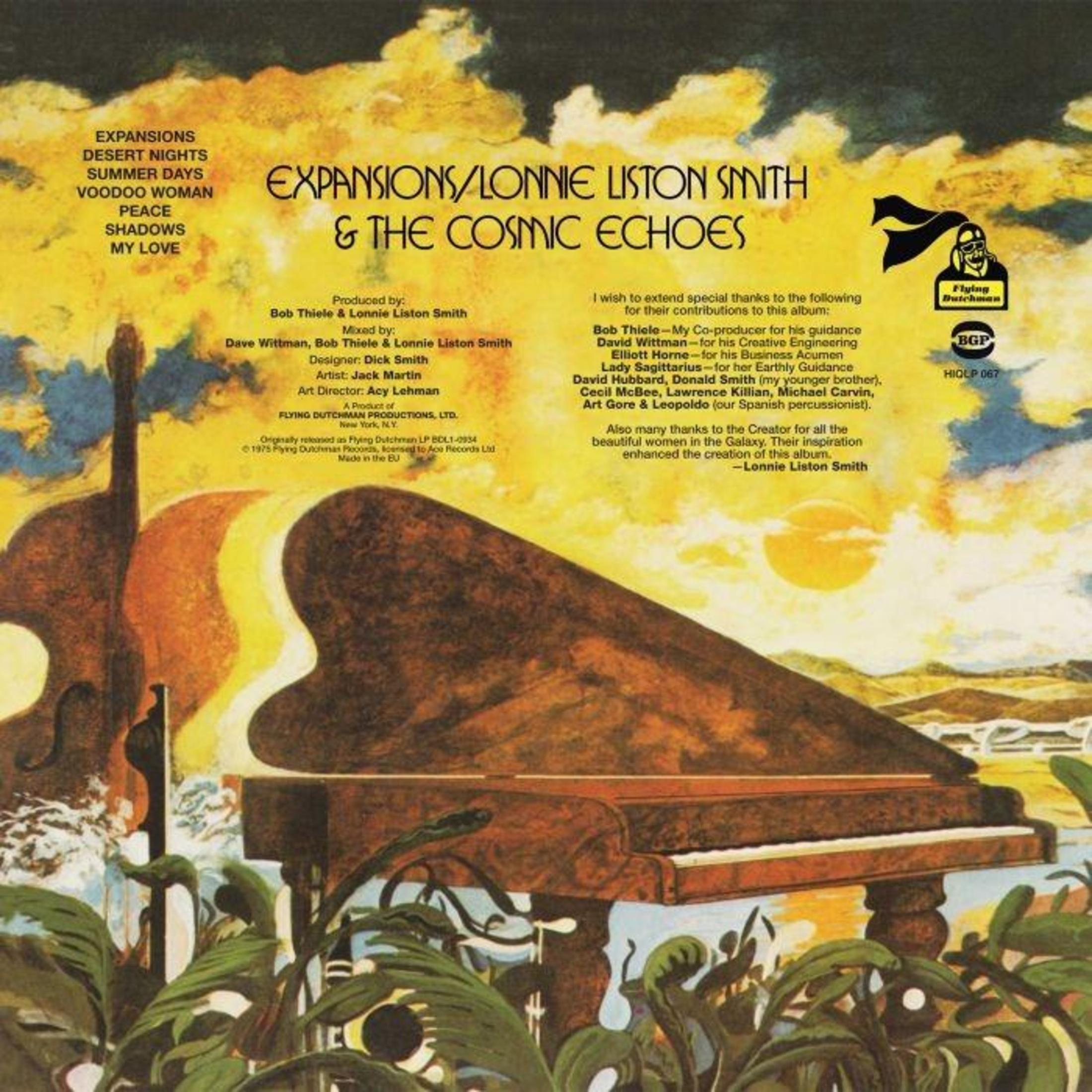Albumcover mit Klavier und Pflanzen. Titel: Expansions von Lonnie Liston Smith. Flying Dutchman Logo rechts oben.