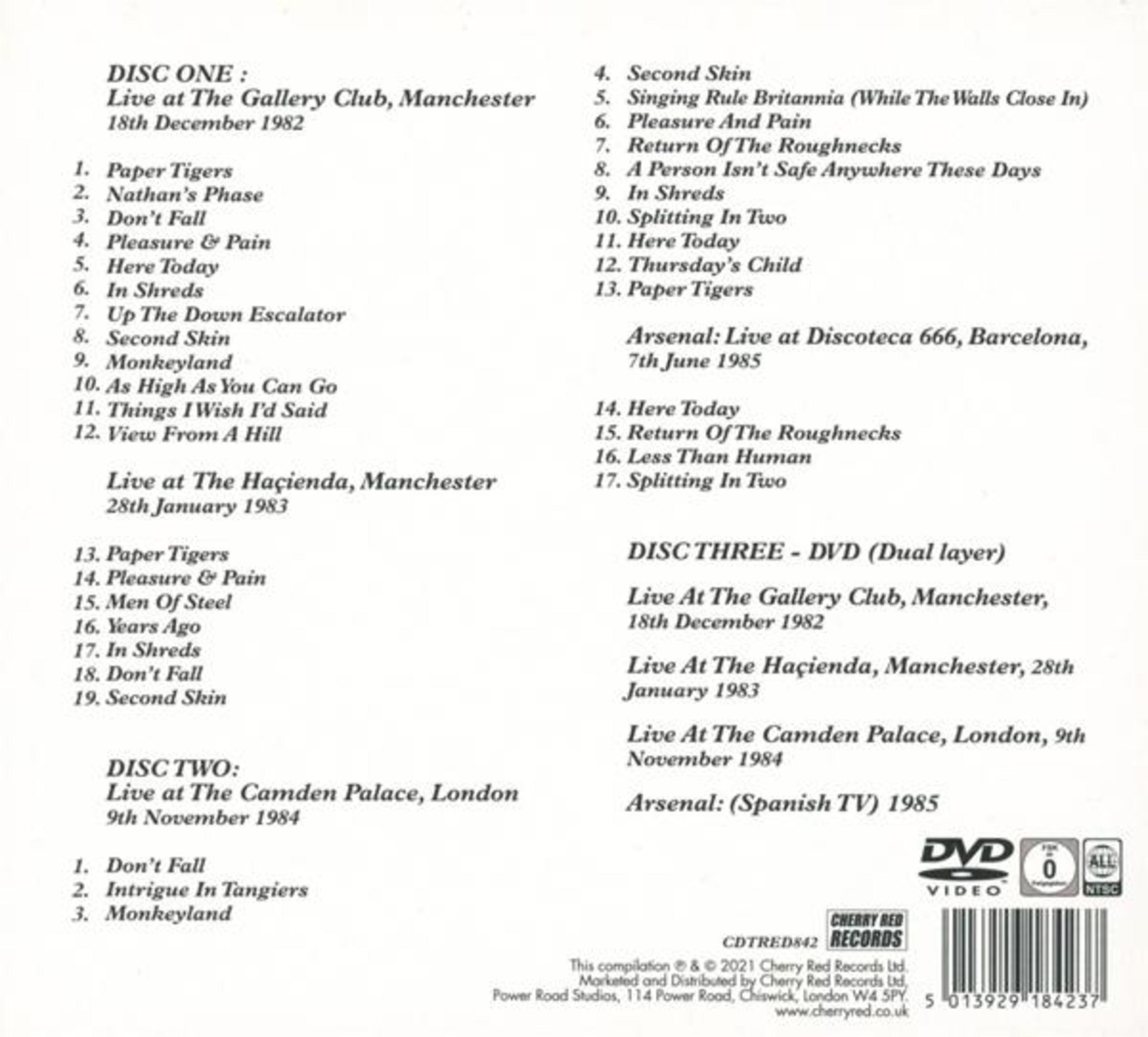 Text on white background lists concert locations, dates, and song titles. Logos for DVD and Cherry Red Records are present.